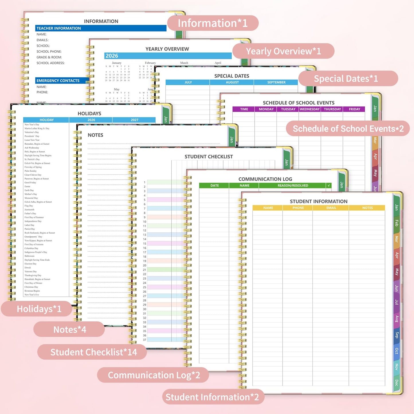 Teacher Planner 2026-2027, Jul 2026-Jun 2027 Academic Year, 8.5" x 11" Lesson Planner Book for Teacher Calendar, Spiral Bound Planners, Colorful Monthly Tabs, Planning Stickers, PinkCheckered
