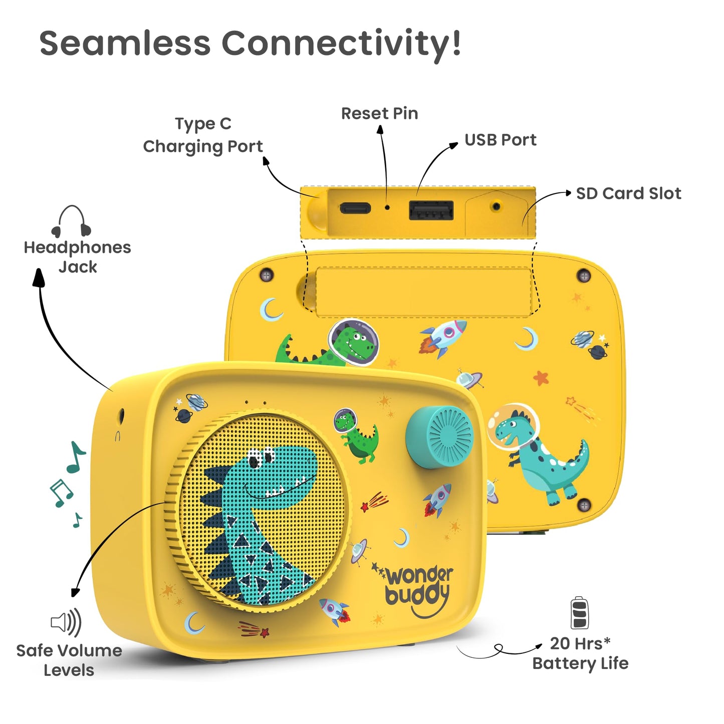 WonderBuddy Kids Story Box Audio Player, 500+ Preloaded Stories & Rhymes, Story Writing DIY Art Kit, Voice Recorder, Content Upgrade, Bluetooth, Birthday Gift for Boys Girls 3+ Years- Dino