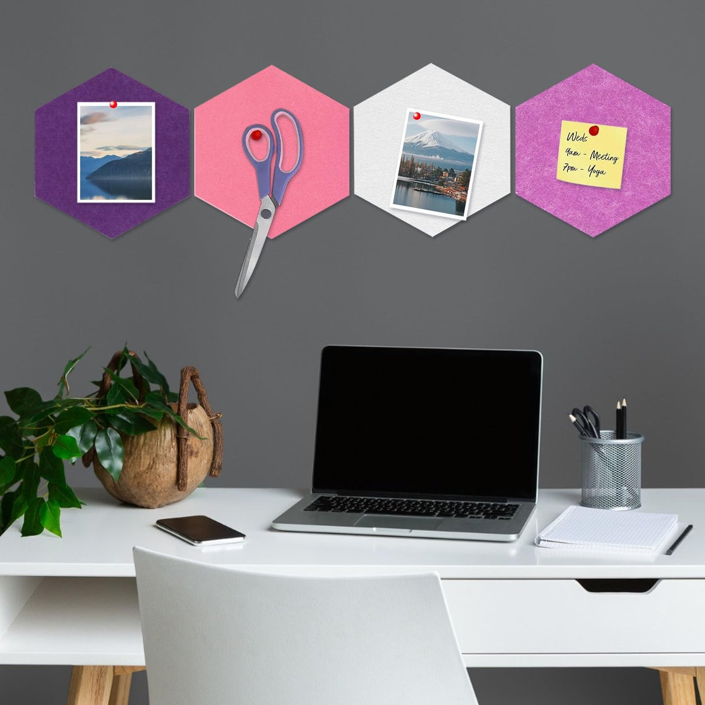 8 Packs White Purple Pink Hexagon Felt Pin Board, 12" Bulletin Board with 30 Push Pins, Felt Board for Home Kitchen Office Decor, Self-Adhesive Corkboard Tiles for Walls Message Photos Memos Display