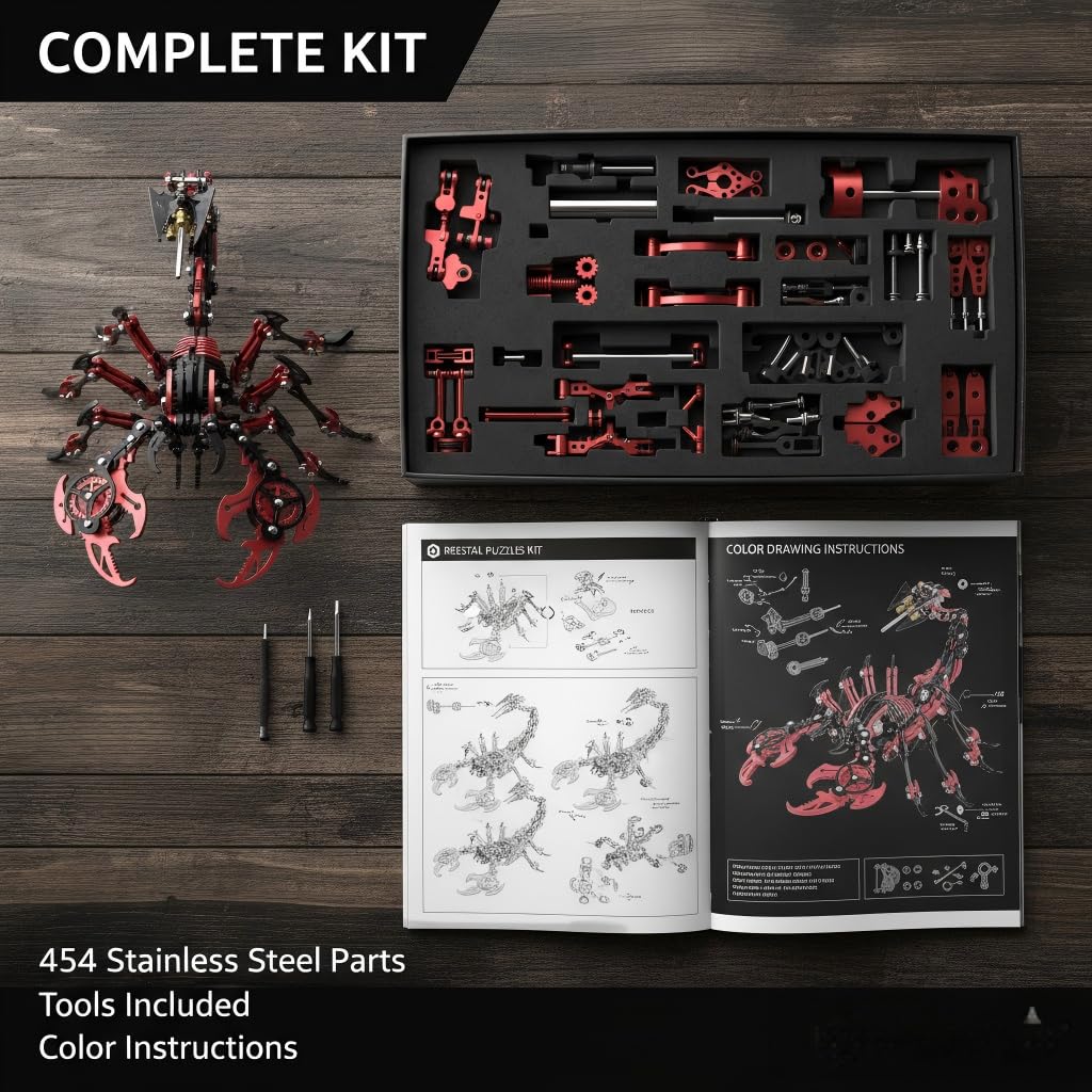 Scorpion 3D Metal Puzzles for Adults,454PCS Stainless Steel DIY Mechanical Metal Model Kits,No Glue Assembly with Movable Joints,Challenging Metal Building Kit Desk Decor Gift (Black-Red)