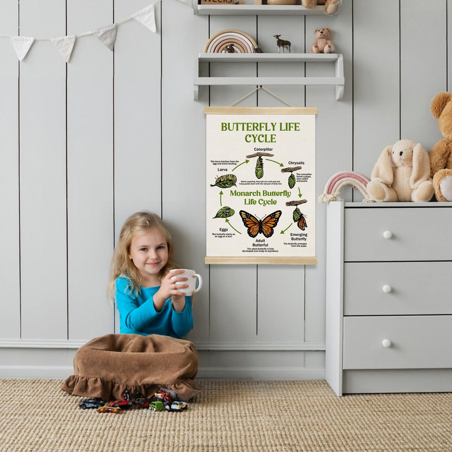 Butterfly Life Cycle Educational Wall Art,14x18.5Inch Insect Life Cycle Chart Wall Hanging Canvas Poster, Butterfly Science Learning Posters for Classroom Nursery Homeschool,Kids Room Decor (Green)