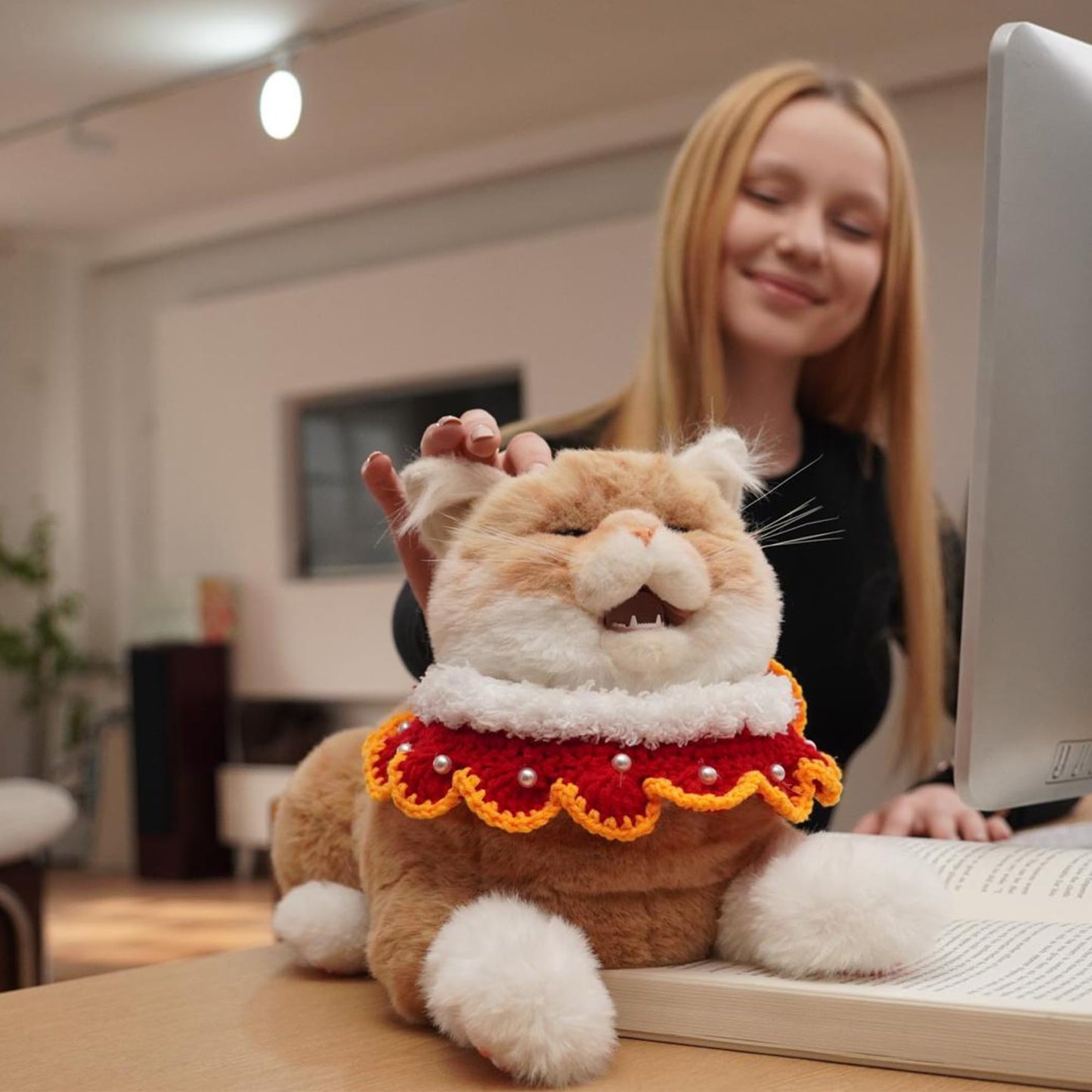 Chongker 24.8" Interactive Robot Cat Plush Realistic Stuffed Animals, Companion Robotic Cat with Meow Purring Heartbeat, Eye Mouth Ear Movement, Kitten Electronic Kitty Toy for Seniors