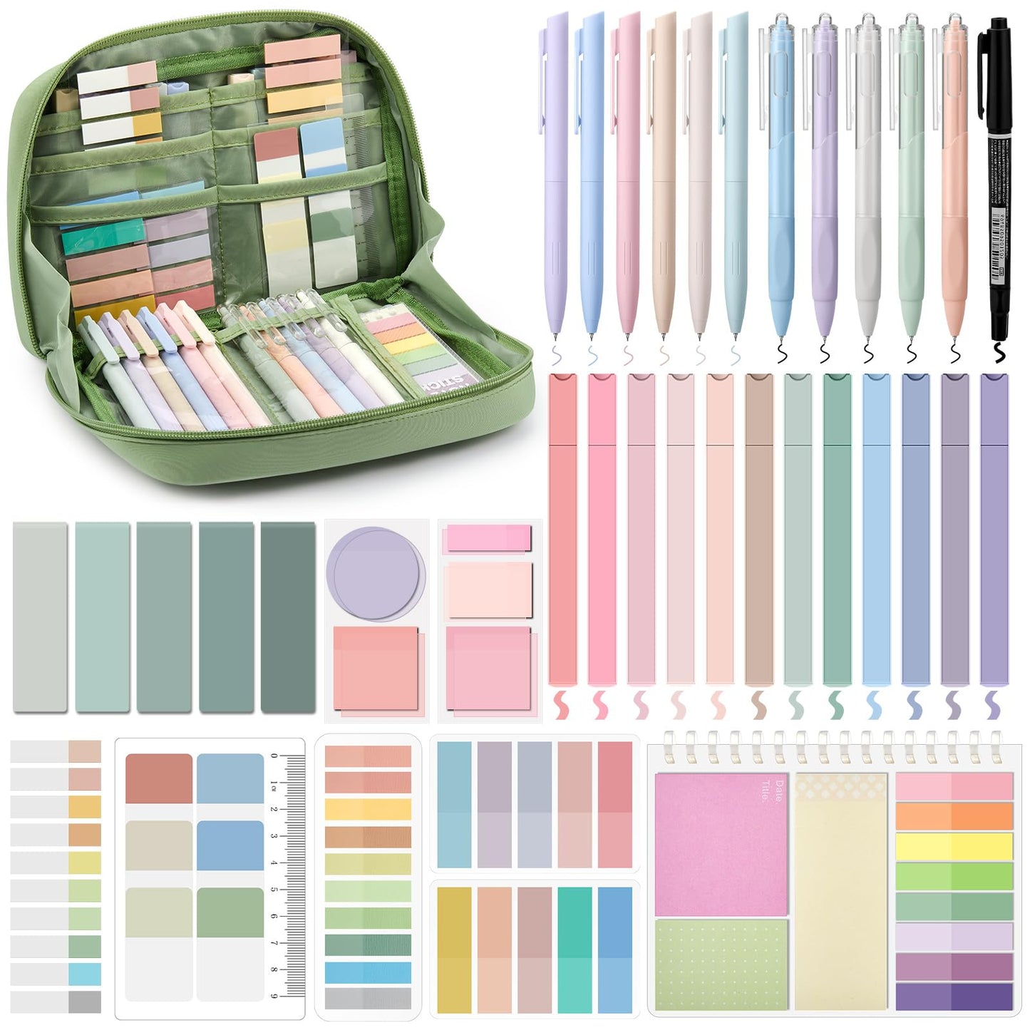 Jutom 41 Pcs Aesthetic Book Annotation Kit with Pencil Bag Bible Journaling Kit Notebook Sticky Note Tab Highlighter Black Ink Pen Page Marker School Office Supplies Christmas Bible Lover Gift(Green)