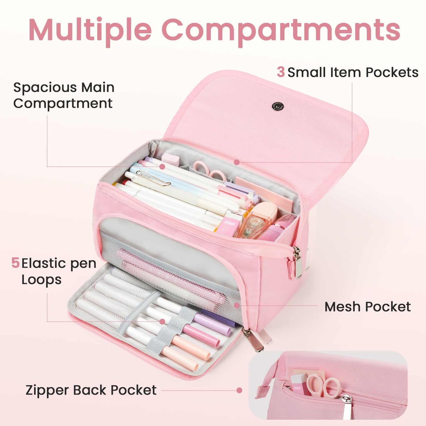 Sooez Super Large Pencil Case, Big Capacity Pencil Bag with 3 Compartments, Hold 200 pencils, Cute Pencil Pouch with Zipper, Portable Stationery Pen Bag, Aesthetic School Supplies For Girls, Pink