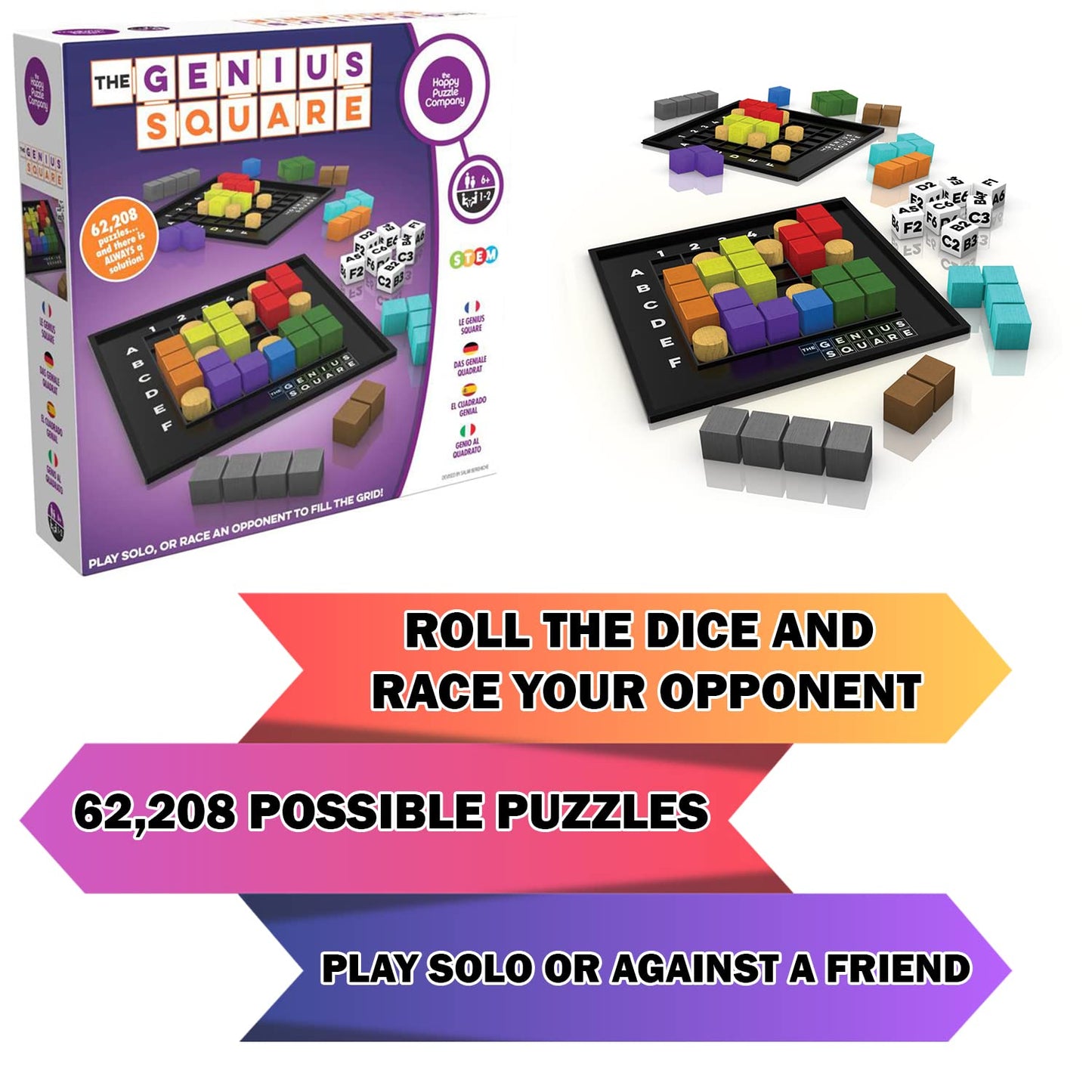 The Genius Square from The Happy Puzzle Company – Game of The Year Award Winner, 60000+ Solutions STEM Puzzle Game. Roll Dice, Race Your Opponent to Fill Grid with Different Shapes!