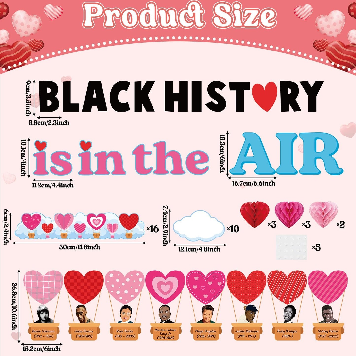 3D Valentine's Day Black History Month Bulletin Board Set Heart Shaped Honeycomb Balls Famous African American Classroom Decoration Inspirational Cutouts for School Home Chalkboard Wall Decor Supplies