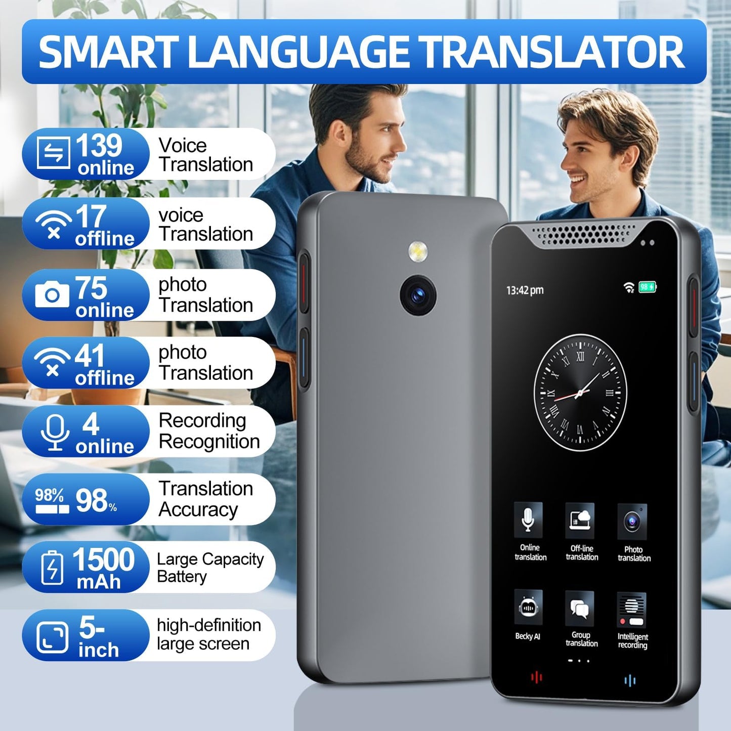 Language Translator Device with 5-inch HD Screen, Real Time Language Translator No WiFi Needed with 139 Languages, Online/Offline/AI/Voice/Photo Translation for Business Learning Travel