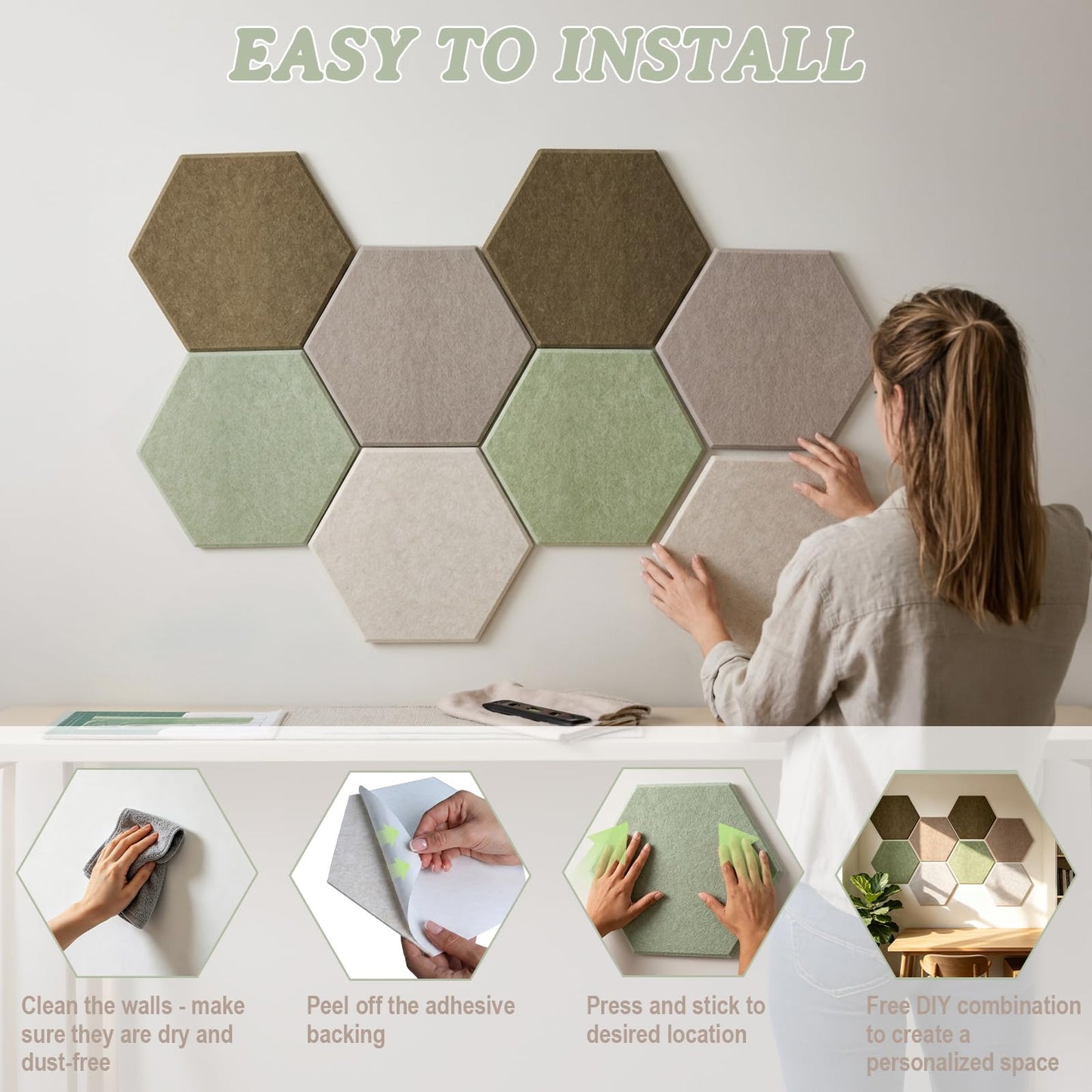 8 Pack Hexagon Cork Board Alternative for Walls Decor, 12" x 10" Self-Adhesive Felt Bulletin Board Tiles with 30 Pushpins, Acoustic Panels for Office,Classrooms (Minimalist Neutral)