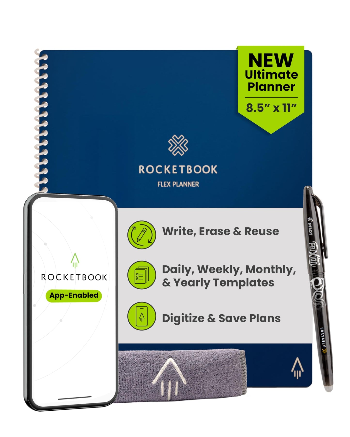 Rocketbook Flex Reusable Planner, Smart Undated, Daily, Weekly, Monthly, Annual Calendar Templates, Letter Size 8.5x11, Navy Blue (Pack of 1)