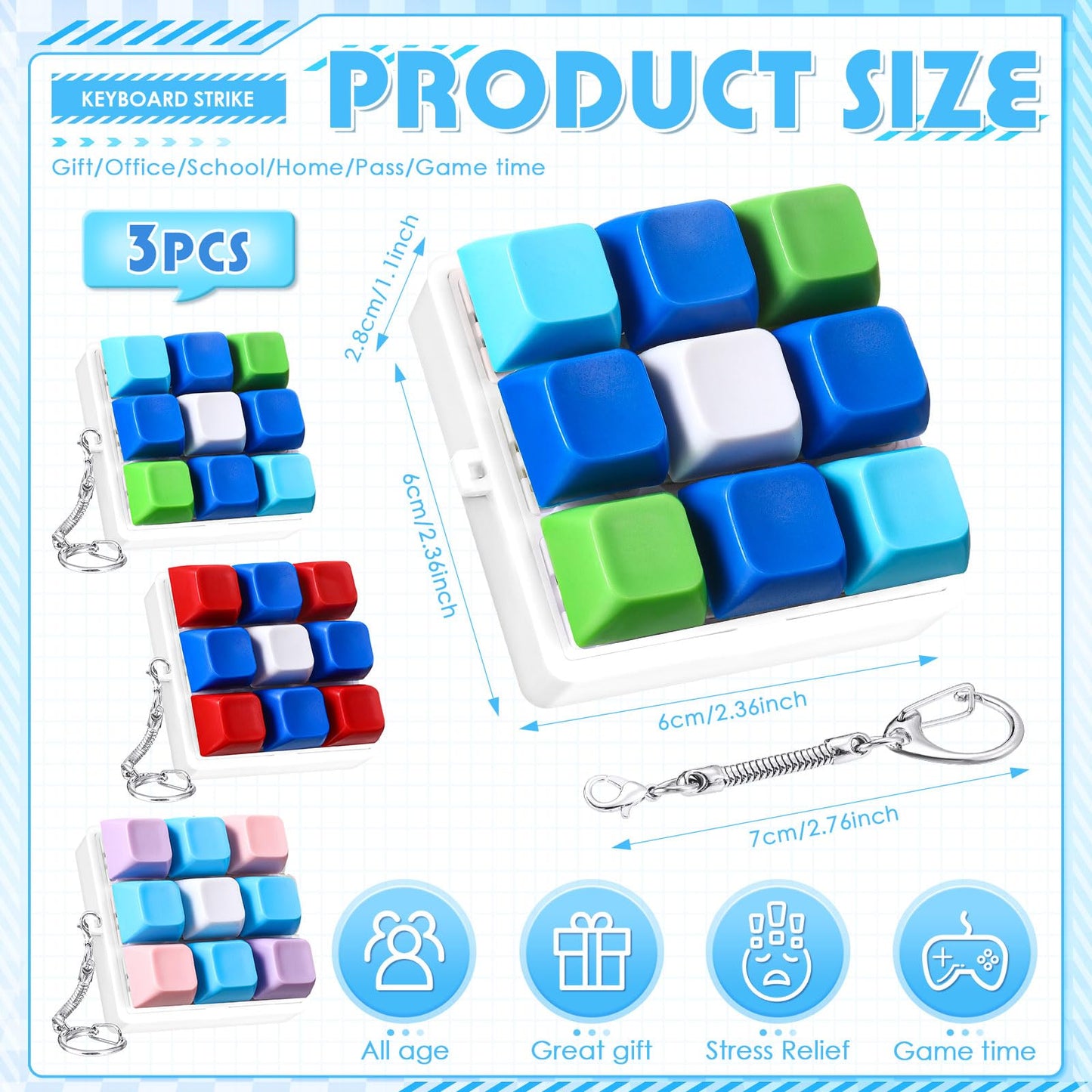 Halloscume 3 Pcs Keyboard Adult Fidget Clicker 9-in-1keyboard Fidget Keychain Cube Mechanical Key Button Clicker Stress Relief Gift for Office Home to Pass The Time(Colorful)