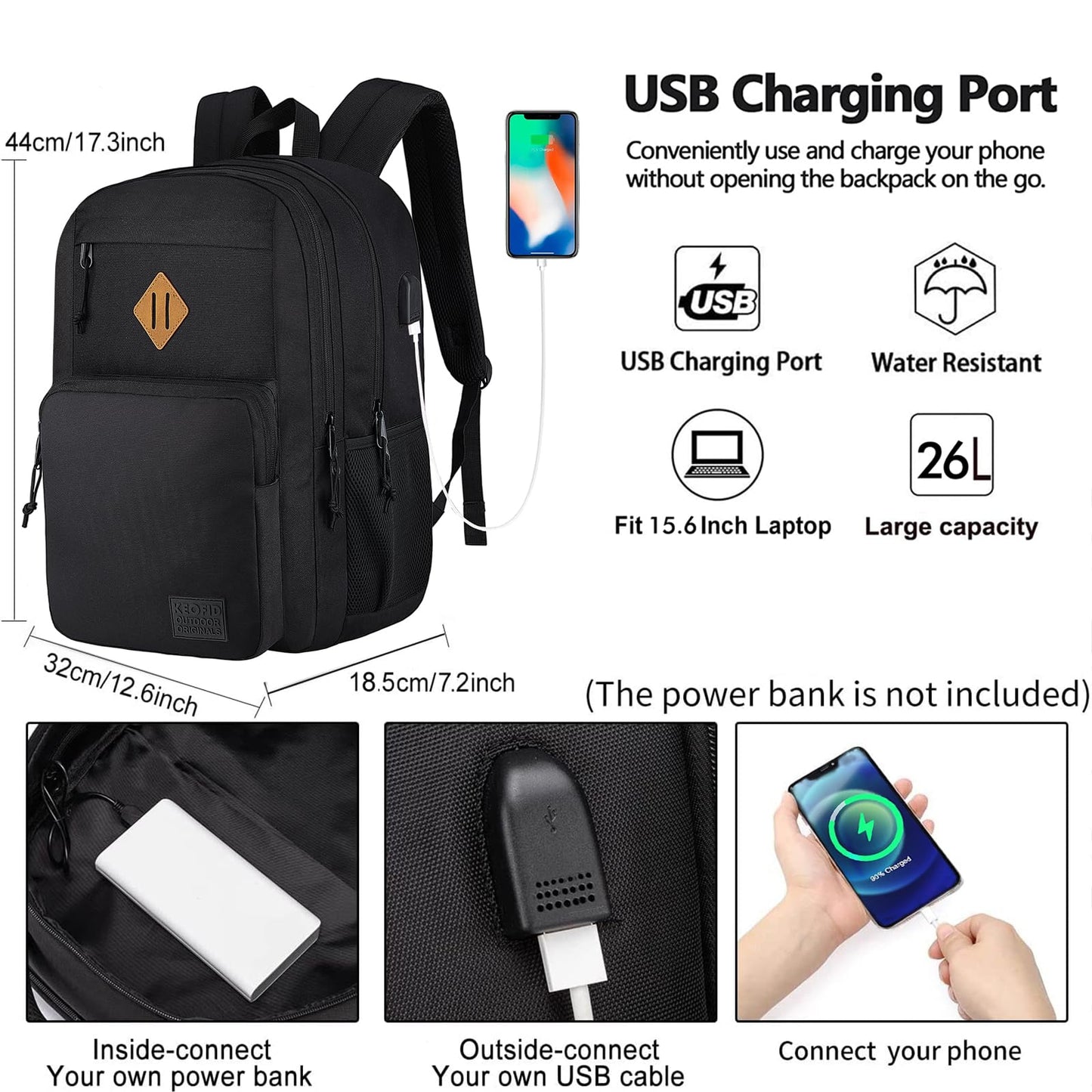 KEOFID Travel backpack for Men and Women, Anti Theft Laptop Backpack with USB Charging Port for Work, Large Bag for College, Carry-on Backpack with Luggage Strap, Water Resistent(Black)