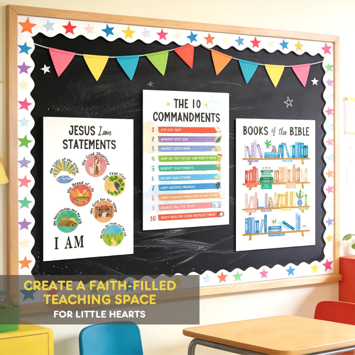 SEOIFUNG 12 PCS Kids Bible Education Posters Set (11x17") - Biblical Learning Charts for Sunday School Classroom Christian Religious Home Wall Decor, Books of the Bible, 10 Commandments & More