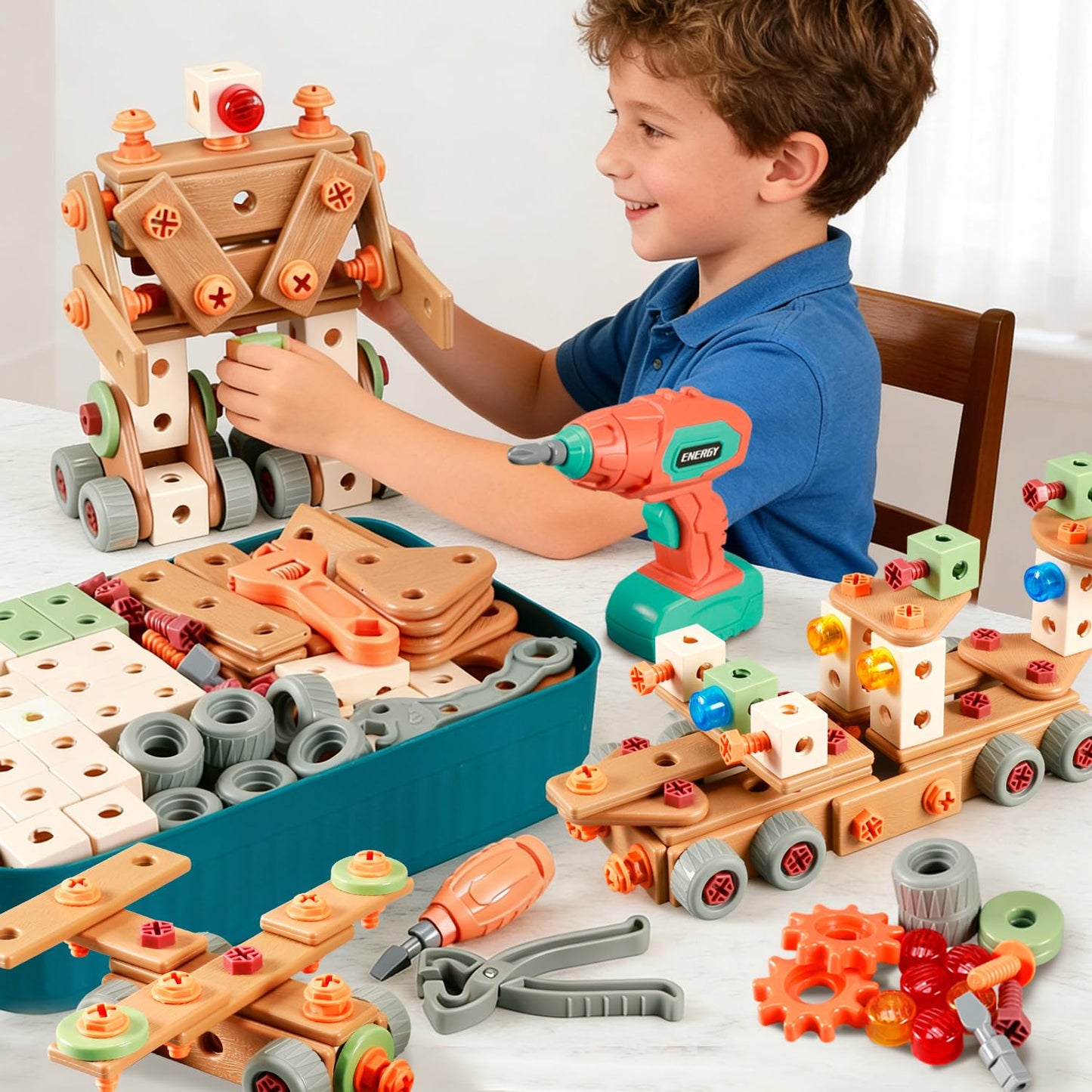 Design and Drill Toy - Toddler Tool Set with Drill & Toolbox, Create And Design Drill Kit Stem Toys for Kids Ages 3-6, Toddler Building Educational Construction Toy for 3-6 Year Old Girl (WOOD COLOR)