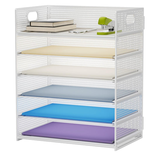 Marbrasse 6 Tier Paper Organizer Letter Tray - Mesh Desk File Organizer with Handle, Paper Sorter for Letter/A4 Office File Folder Holder - White
