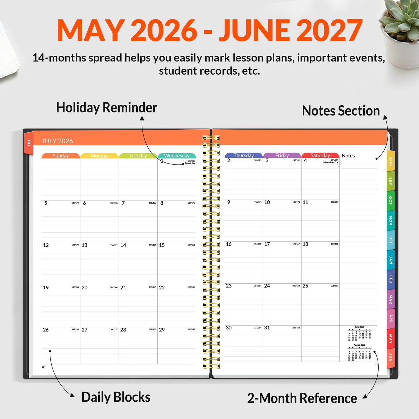 SUNEE Teacher Planner 2026-2027 Academic Year, Lite Lesson Planner Book with 7 Periods Jul 2026 - Jun 2027, 8.5"x11" Daily Weekly and Monthly Organizers, Plan Book with Pocket Folder, Color Tabs,Black