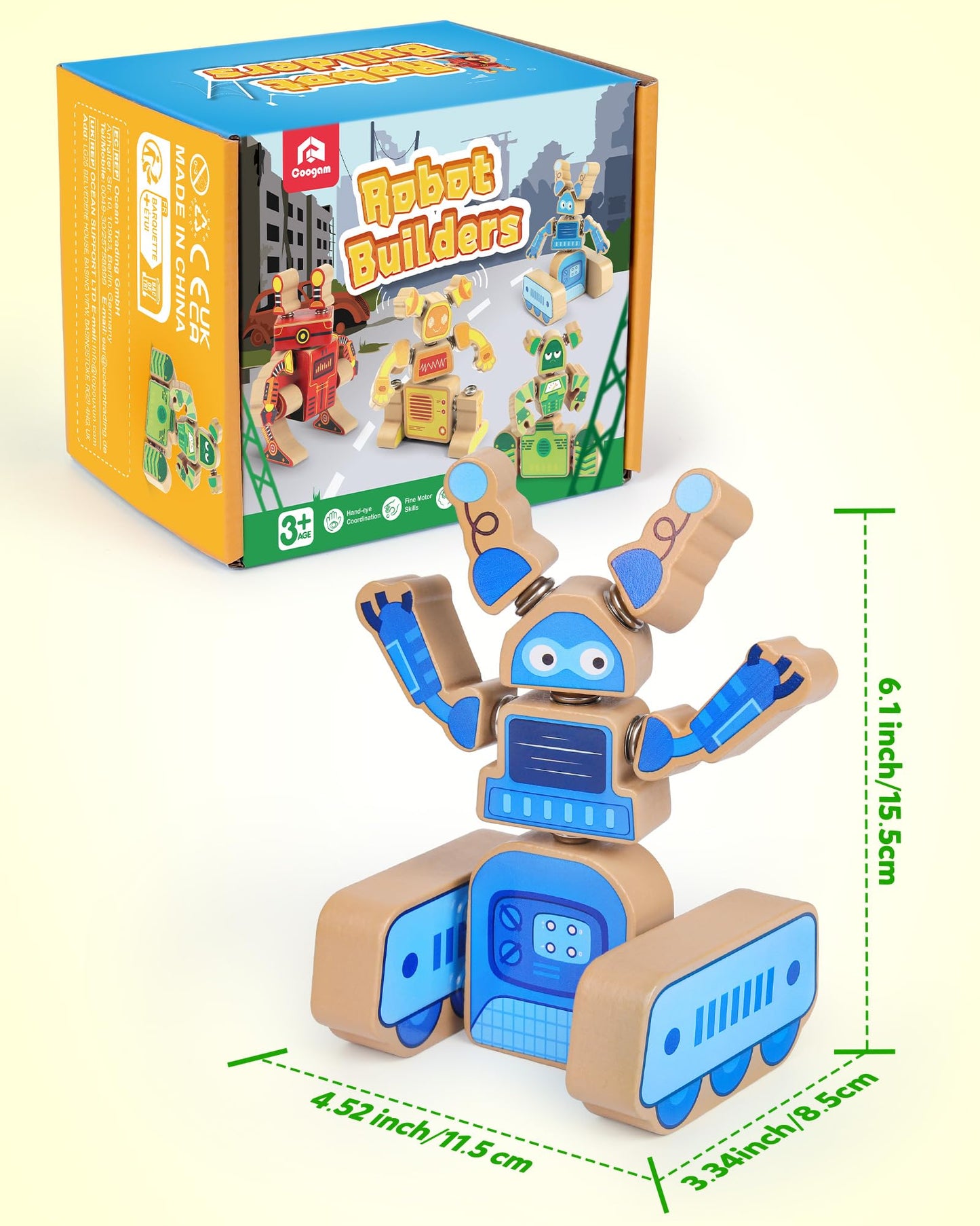 Coogam Fine Motor Building Robot Blocks for 3 4 5 Years Old Kids, Wooden Snap Together Builders, STEM Take Apart Robot Playset, Educational Learning Toy Gift for Boys Girls