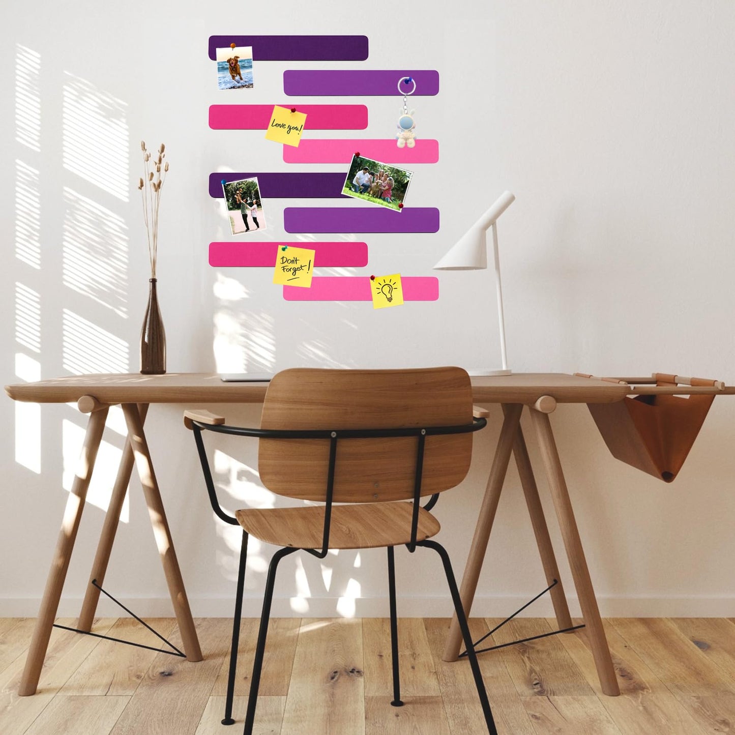 HULAVO 8Pcs Rectangle Felt Cork Board Bar Strips with 35 Pushpins, Self-Adhesive Bulletin Board Strips for Office School Home Wall Decor Stickers Memos Schedules Photos Display -Gradual Purple