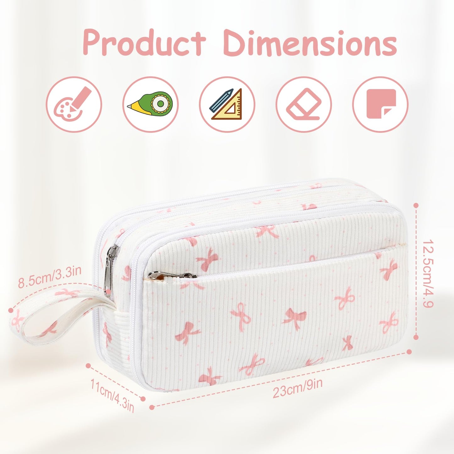 BuyCard Large Capacity Cute Pencil Case, Aesthetic Pen Pouch, White with Pink Bow Pattern Pencil Bag, Kawaii Stationery Storage and Organizer, Supplies for Teen and Adult Girls