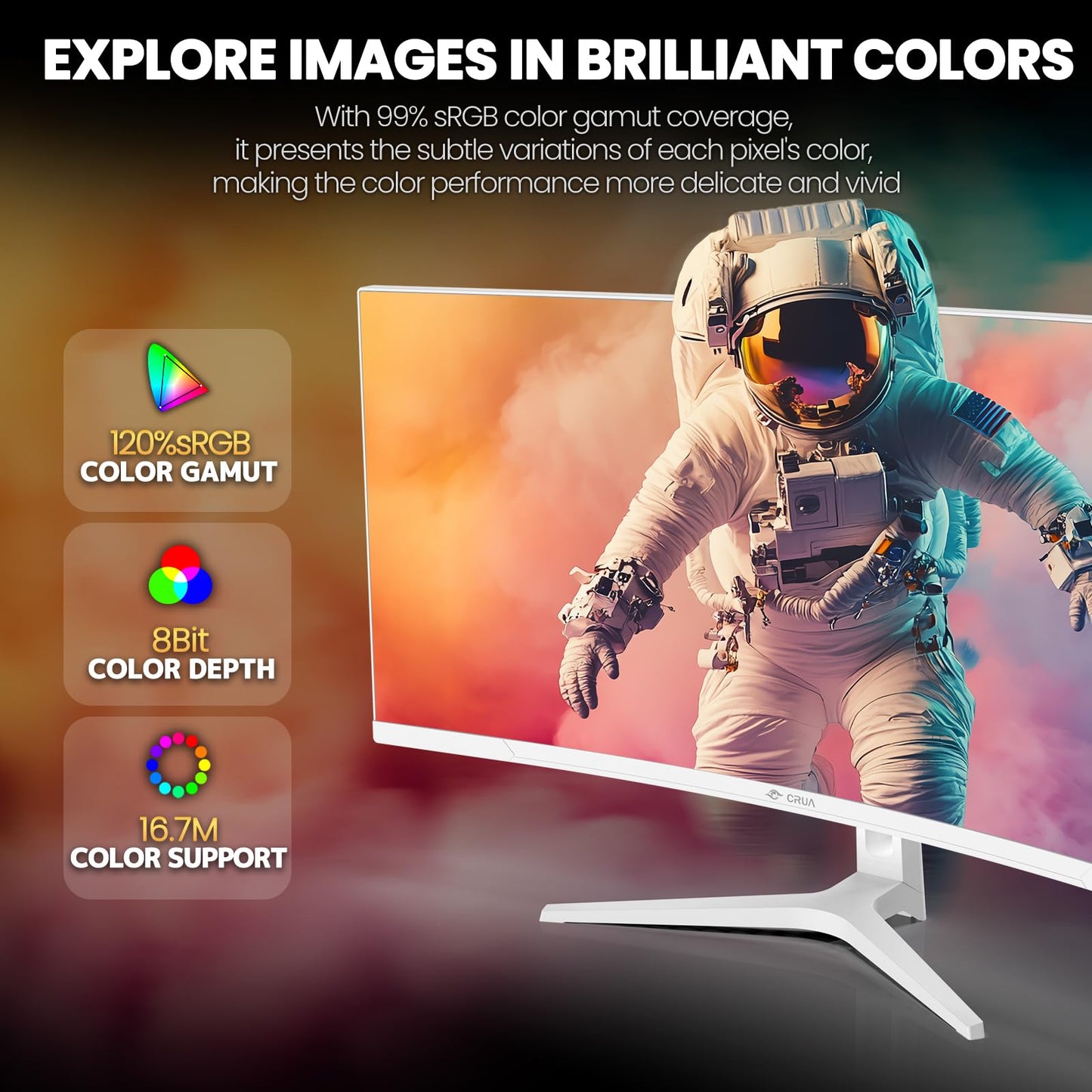 CRUA 34" Curved Gaming Monitor, WQHD 3440x1440, 120Hz Computer Monitors, 1500R VA Screen, 120% sRGB, AMD FreeSync, Blue Light Filter, HDMI 2.0 & DP 1.4, Wall Mountable Installs- White