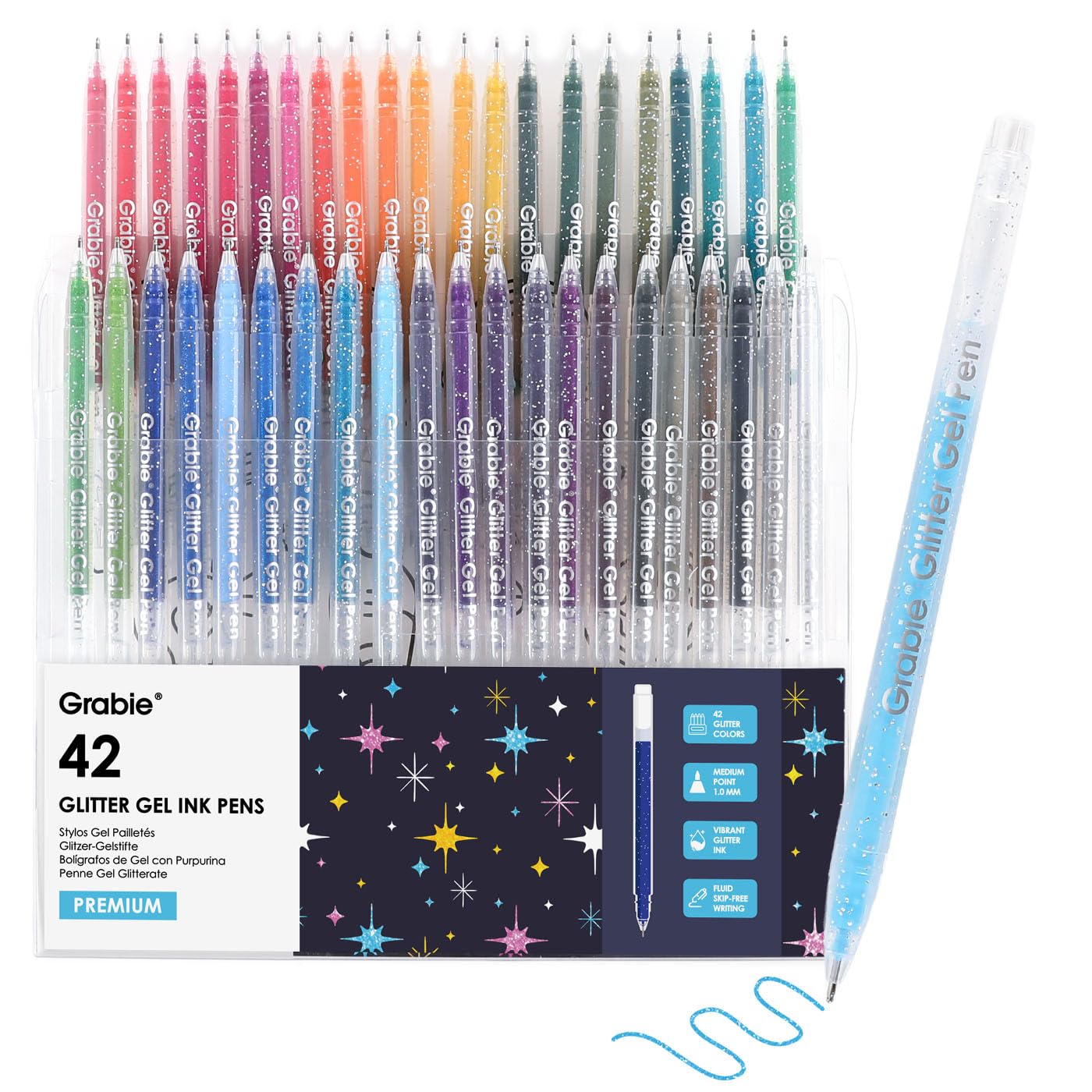 Grabie Set of 42 Glitter Gel Pens Set, Silver Sparkle Ink, 1.0mm Fine Tip Gel Pens for Adult Coloring Books, Journaling, Drawing, Scrapbooking, Smooth Writing Art Supplies