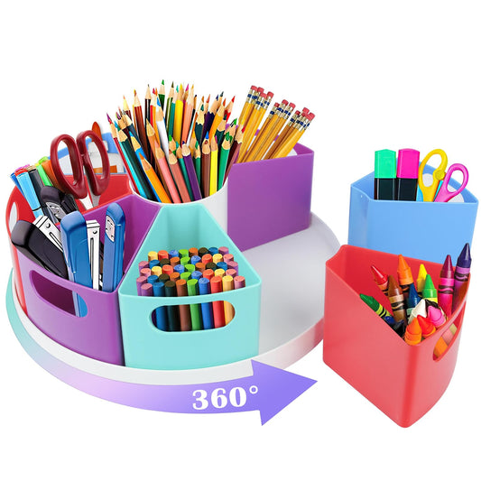 ZERUIDM Rotating Art Supply Organizer Storage Caddy for Kids - 9 Bin Craft Crayon Marker Organizer for School Desk, Lazy Susan Pencil Holder for Classroom Organization, School Supplies