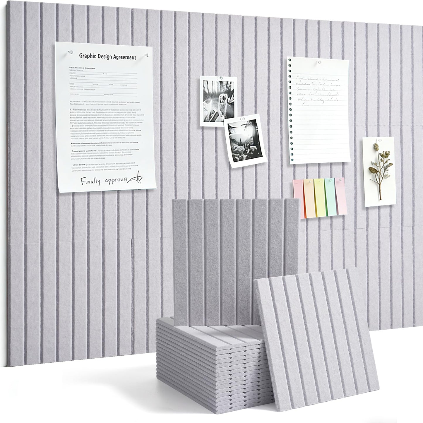 Slat Felt Wall Tiles (12 Pack) - 11.8"x11.8" Self-Adhesive Bulletin Board for Wall, Acoustic Panels for Sound Dampening, Modern Black Pin Board, Home Office Decor (30x30cm)