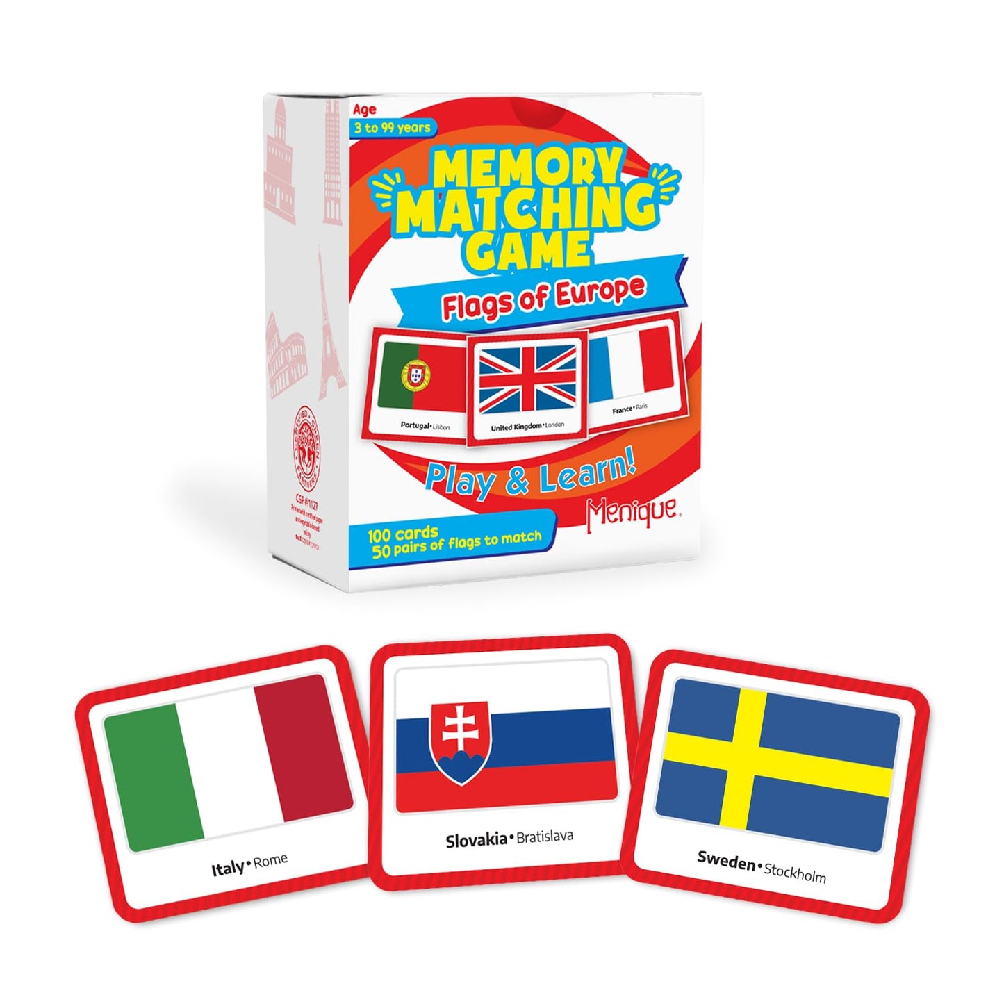Menique Flags of Europe Memory Matching Game – 100 Cards (50 Pairs) with Flag, Country & Capital – Educational Geography Game for Kids and Adults