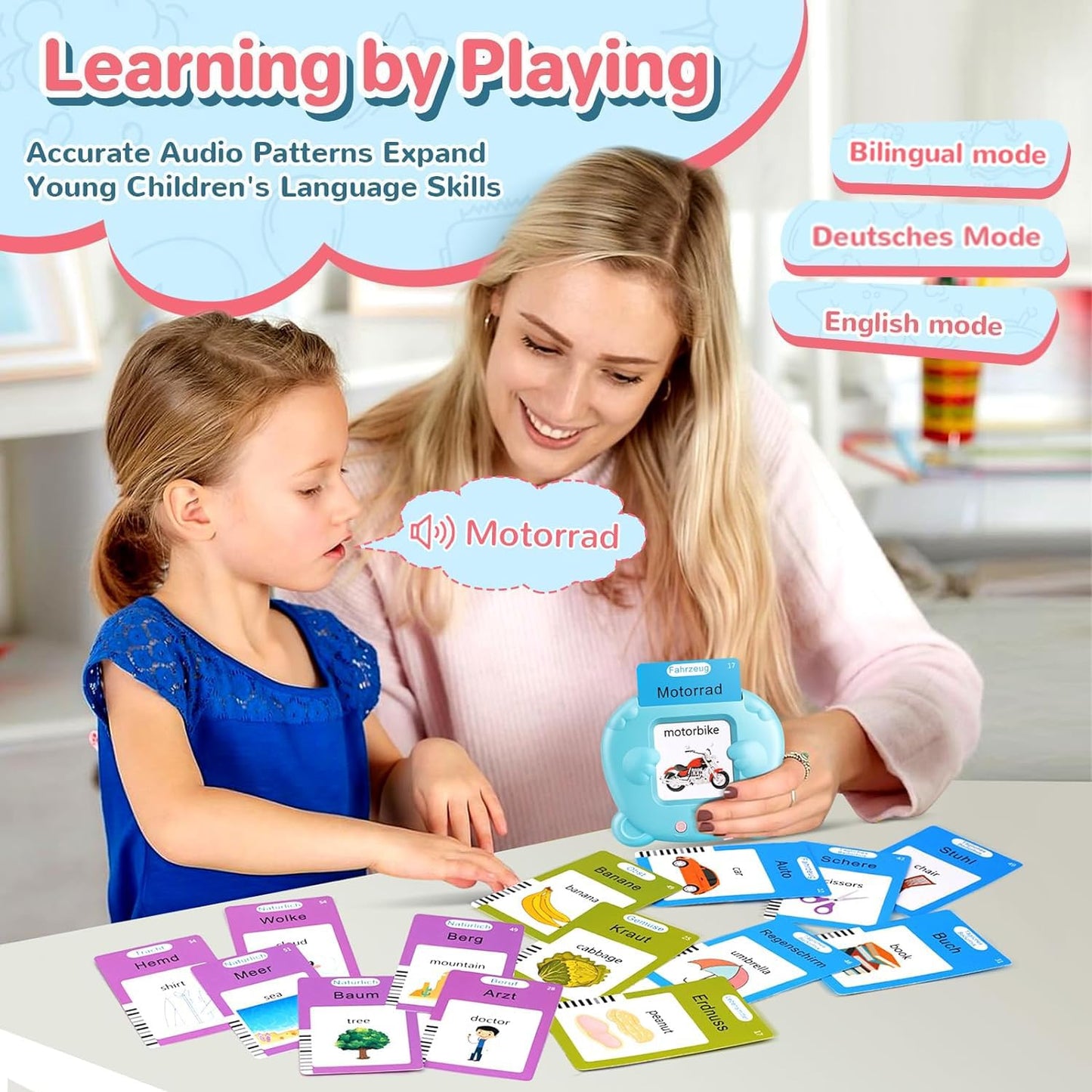 German & English Talking Flash Cards for Toddler, Learning Montessori Toys with 224 Sight Words, Speech Therapy Toys, Children's Sensory Preschool Learning Educational Birthday