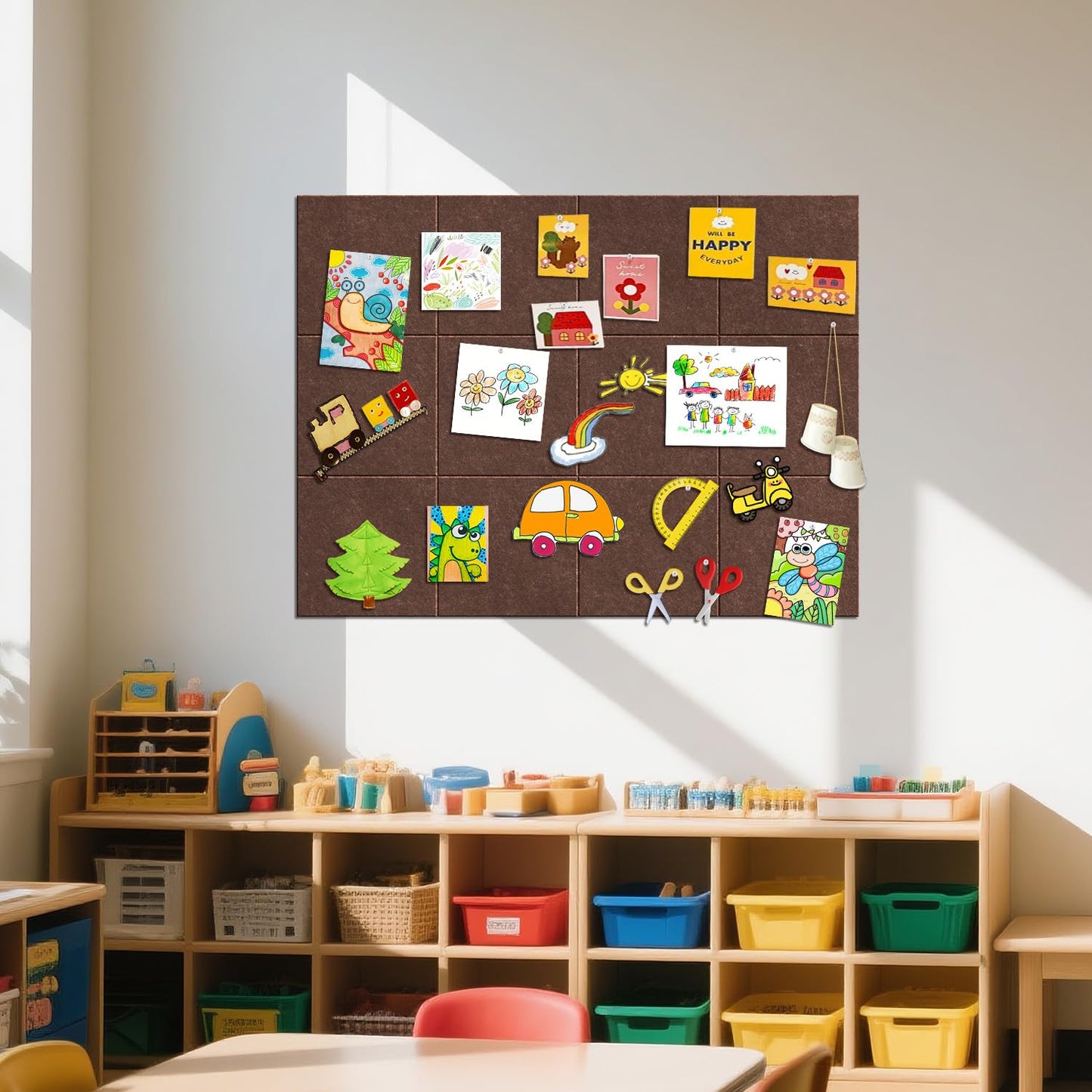 TSJOFFICE Large Cork Board for Wall - 48" x 36" Bulletin Board with 50 Pushpins for Office Decor, Pin Board 12 Pack Felt Wall Tiles with Safe Removable Adhesive Tabs, Corkboard for Home Office - Red