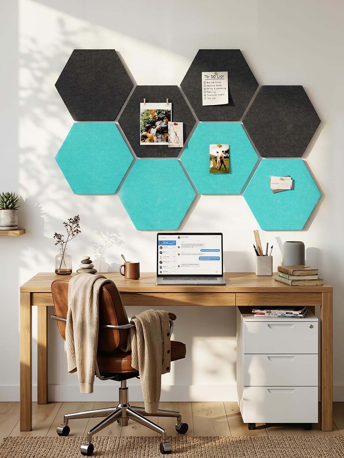 Uoisaiko 8 Pack Hexagon Felt Bulletin Board Tiles - 12" Large Thick Pin Board for Walls with 30 Push Pins, DIY Boards for Office Home School Decor, Aesthetic Hex Cork Board Alternative