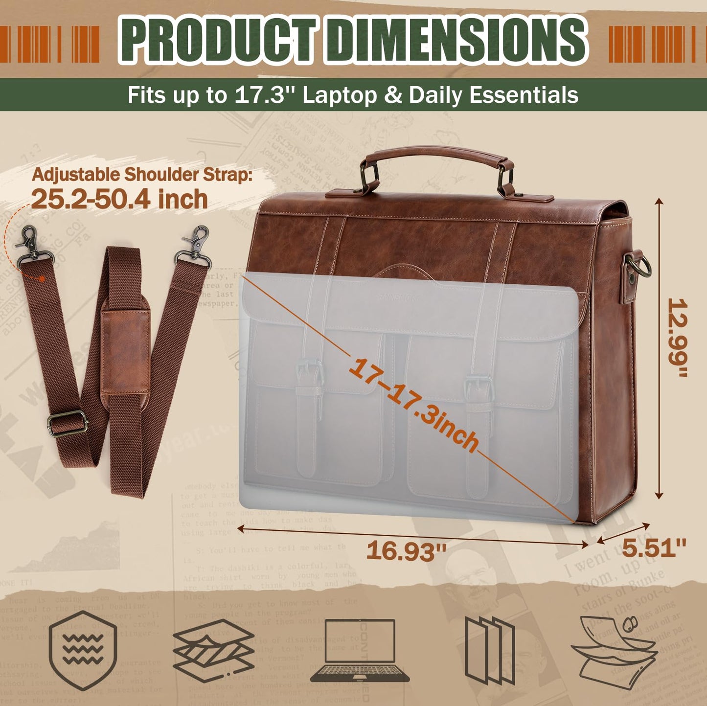 RAINSMORE Mens Messenger Bag 17 Inch Vintage Leather Laptop Briefcase Magnetic Closure Large Satchel Computer Shoulder Bag