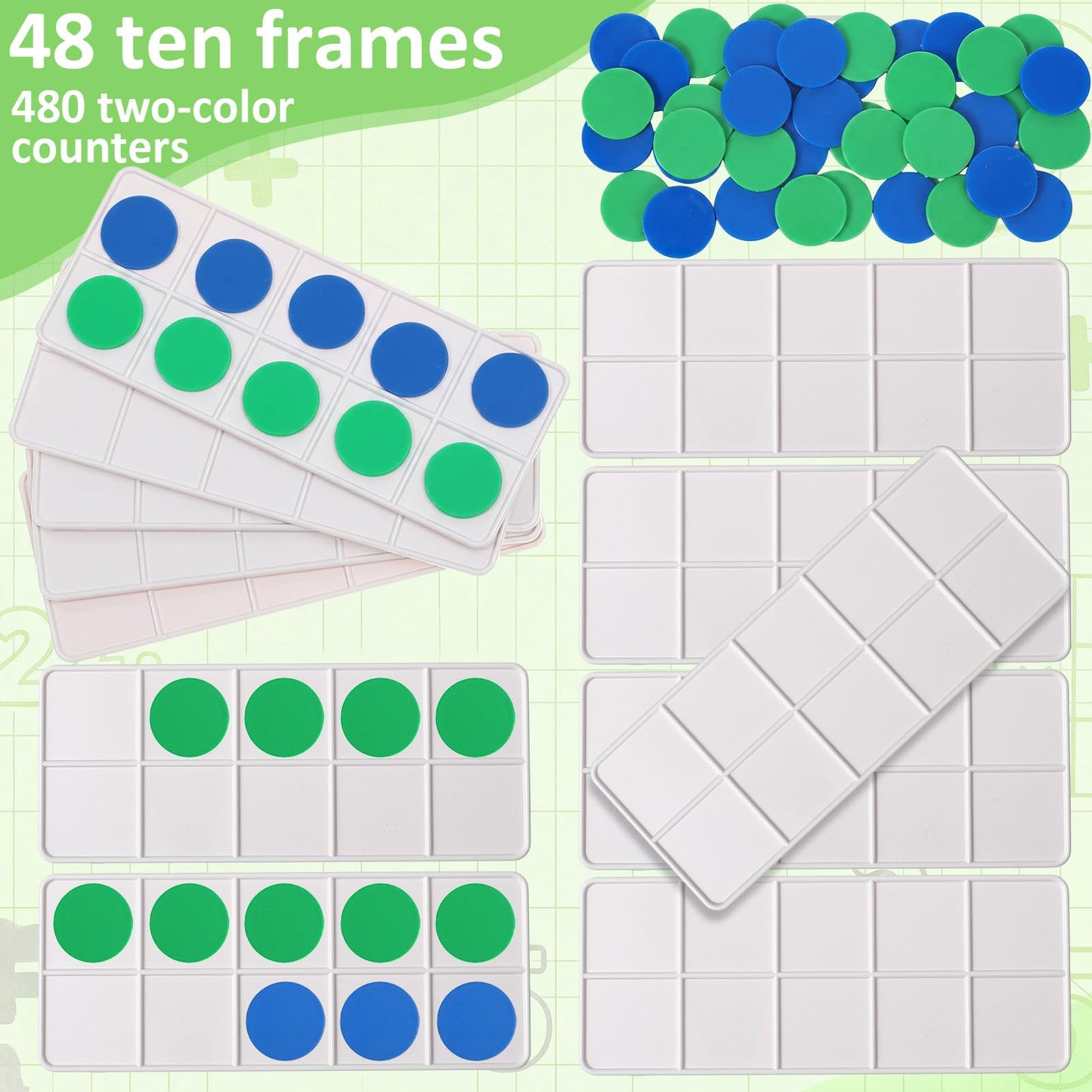 Soulchen 48 Sets Plastic Ten Frames for Classroom Math Manipulatives for Kids Classroom Math Counters Supplies Including 48 Plastic Ten Frames, 480 Counters for Teach Number Concepts (Blue, Green)