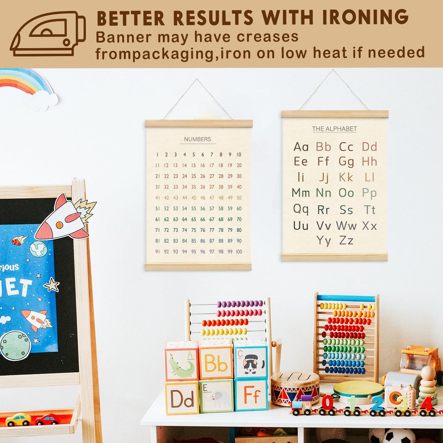 Lacama Educational Charts & Posters Hanger Frame - Homeschool Supplies，ABCs 123s Kids Learning Educational Gift for Toddler Ages 2 3 4 5，Alphabet Poster For Toddlers，1-100 Number Chart