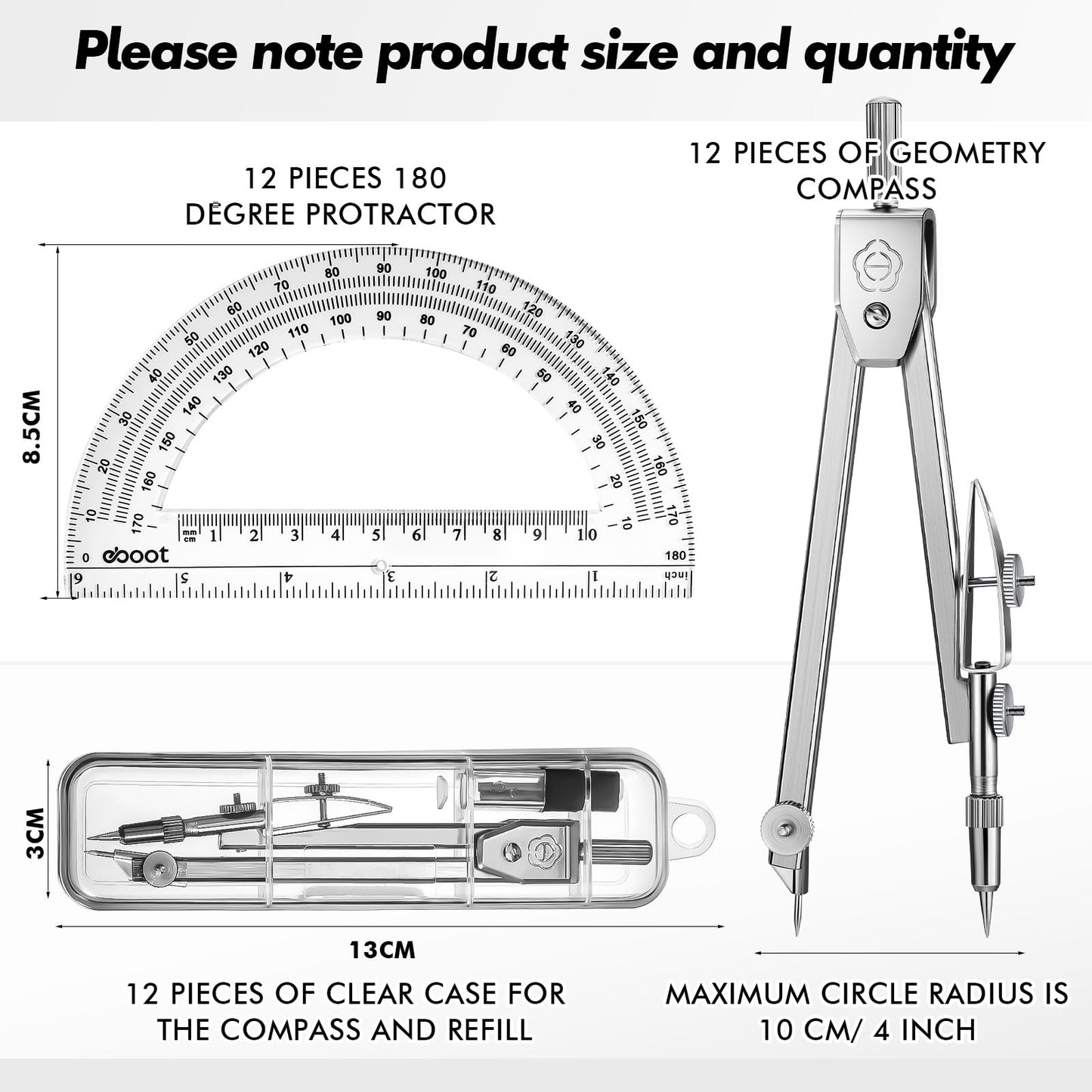 Zonon 12 Set Student Protractor and Compass Set, Student Geometry Math Set, Compass for Geometry and 180 Degree Math Protractor for Drawing Measuring School Office