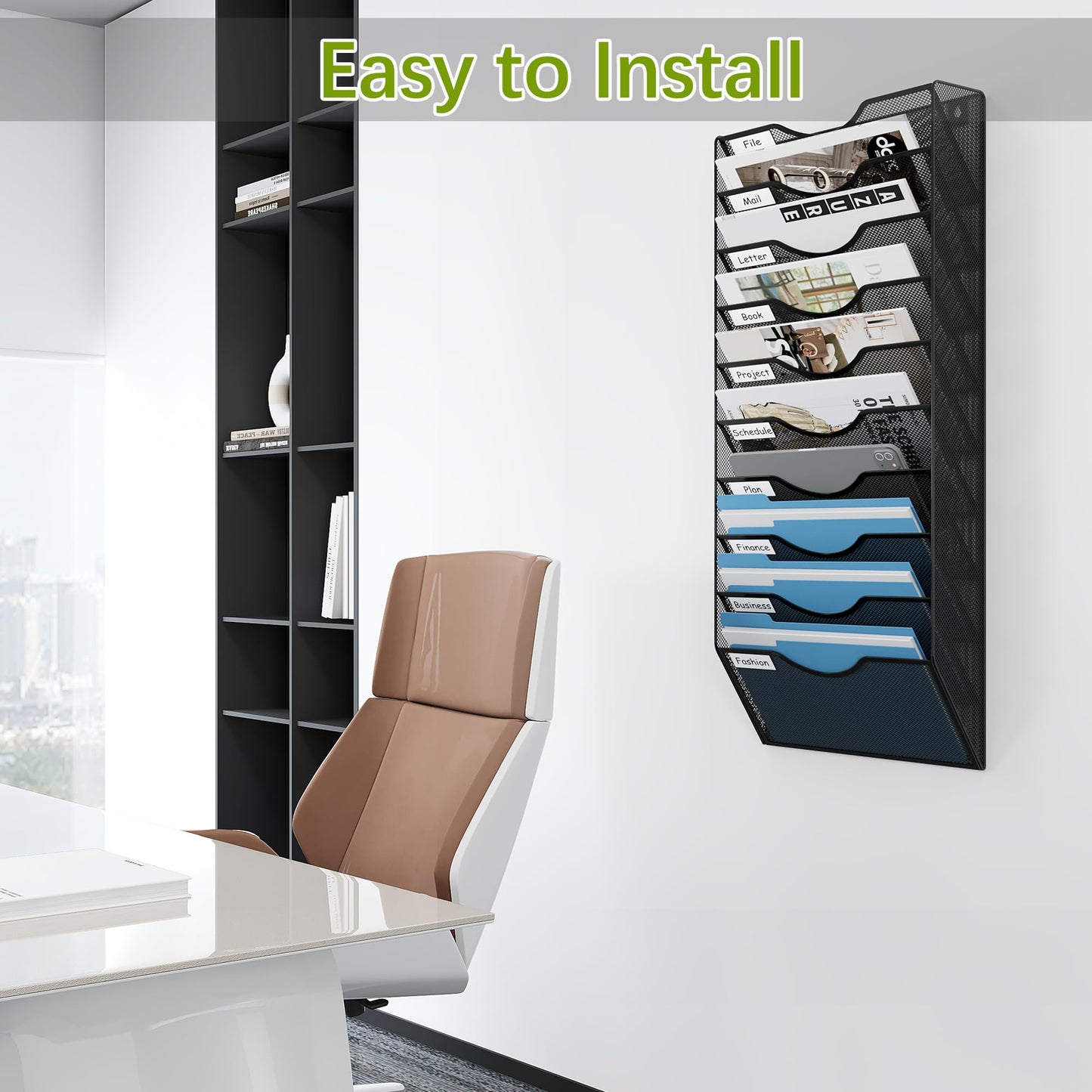 EasyPAG 10 Pocket Mesh Wall File Organizer, Hanging Paper Folder Holder with Classify Label, Vertical Wall Mount Mail Organizer for Office Home Classroom, Black