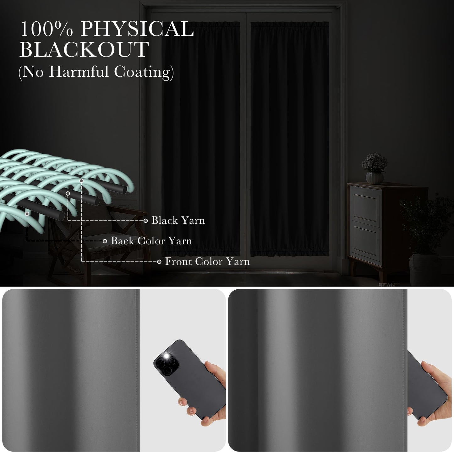 PONY DANCE Grey Back Door Curtains for Door Window, 100% Blackout Dual Rod Pocket Privacy French Curtain for Kitchen, Thermal Insulated Small Window Drapes for Classroom, W25 x L40, 1 Panel
