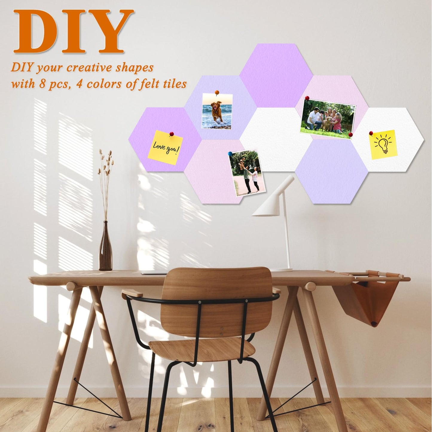 HULAVO 8 Pcs Hexagon Felt Cork Bulletin Board Tiles, Self Adhesive DIY Bulletin Board Pin Board for Office School Home Wall Decor Memos Photos Display(Purple & Pink)