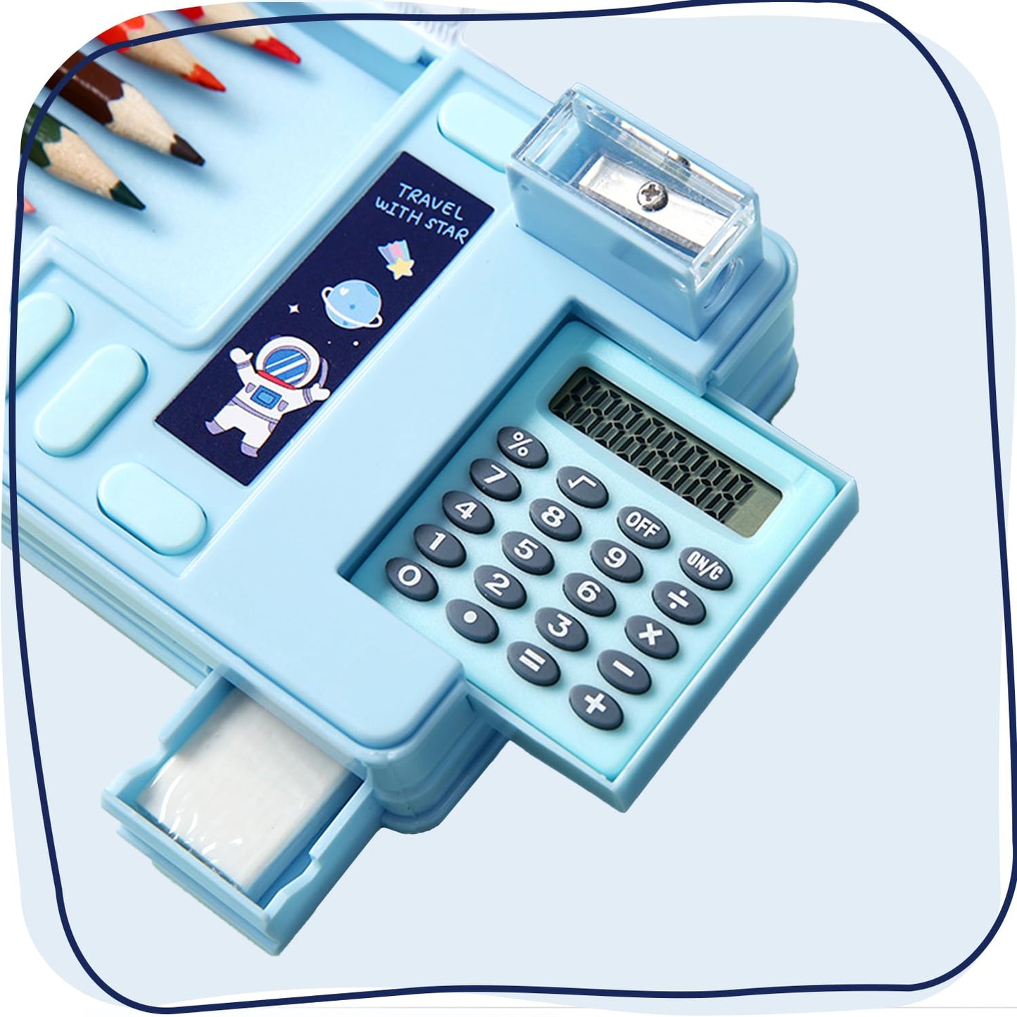 LilyBeauty Multifunction Pencil Case with Calculator, Pencil Sharpener and Curriculum, Multiple Cute Patterns, Suitable for Elementary School Girls, Boys, Great Gifts for Kids (Light Blue)