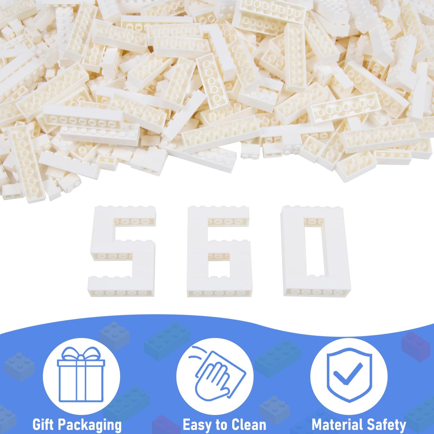 Cabeeskii 560 Pieces White Classic Building Blocks Bulk with 2 Base Plates, Building Bricks in 7 Size, Compatible with All Major Bricks, for Kids & MOC Lovers