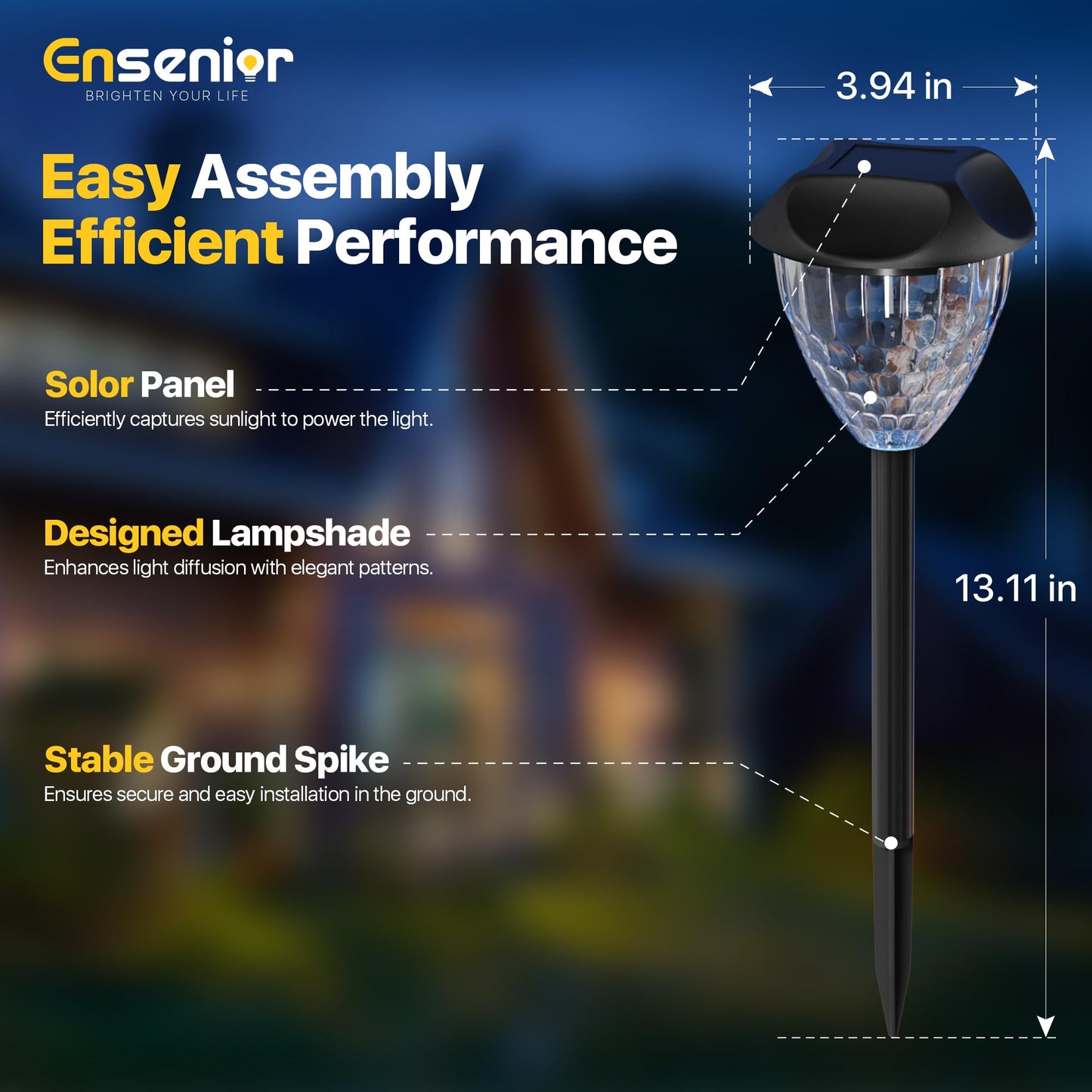 Ensenior 12-Pack Solar Garden Lights, Cool White LED, Auto ON/OFF, Waterproof, Plastic, Model CP3-10CM-65K-12-BL-ZY-M02