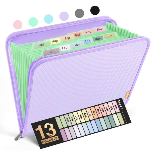 Sooez 13 Pocket Accordion File Organizer, Zipper Expanding File Folder Organizer, Reinforced Plastic Accordion Folder, A4 Letter Size, Portable Folders for Documents, Purple