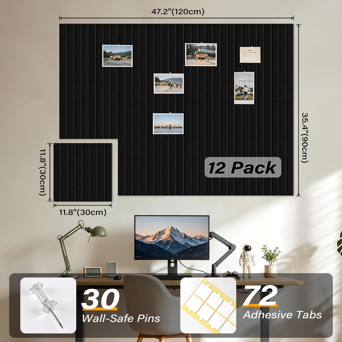 Large Felt Bulletin Board，47.2" x 35.4" 12 Pack Cork Board Alternative for Walls,Felt Wall Tiles for Office & Home Decor,Pin Board with 30 Pcs Pushpins and 72 Adhesive Tabs-Black