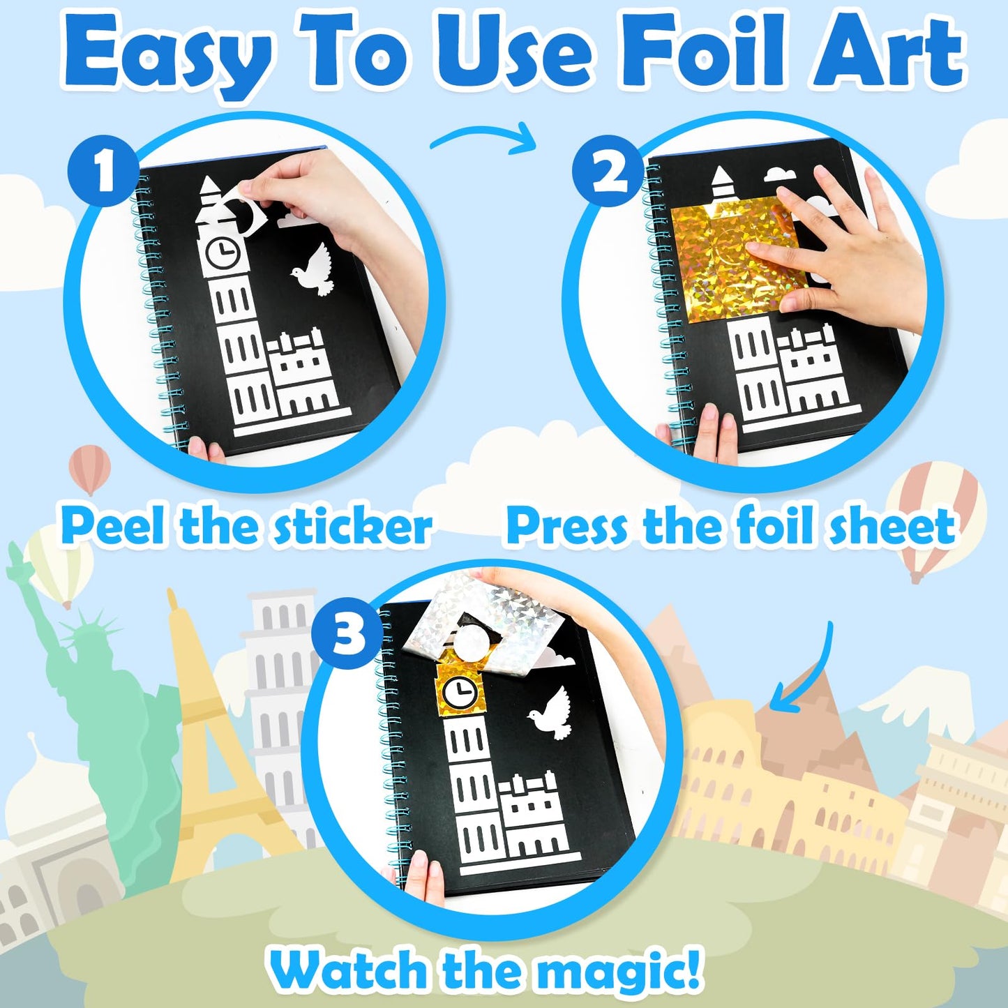 FUNNYB&G Foil Art Craft Kit for Kids 4-10 Years Old: Mess-Free & No-Glue, Create 16 Sparkly Famous Building Pictures – Perfect Travel Toy & Birthday Gift for Kids (Buildings)
