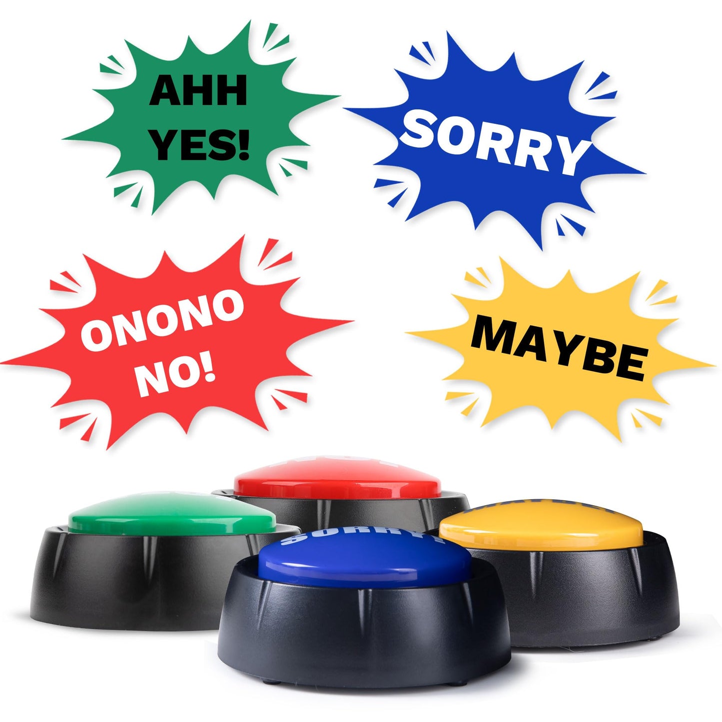 Loudmore Yes & No Button and Sorry & Maybe Button with Sound 4 Pack Buzzers for Trivia Games and Family Game Answer Buzzers for Classroom Parties, Games, Office Stress Relief