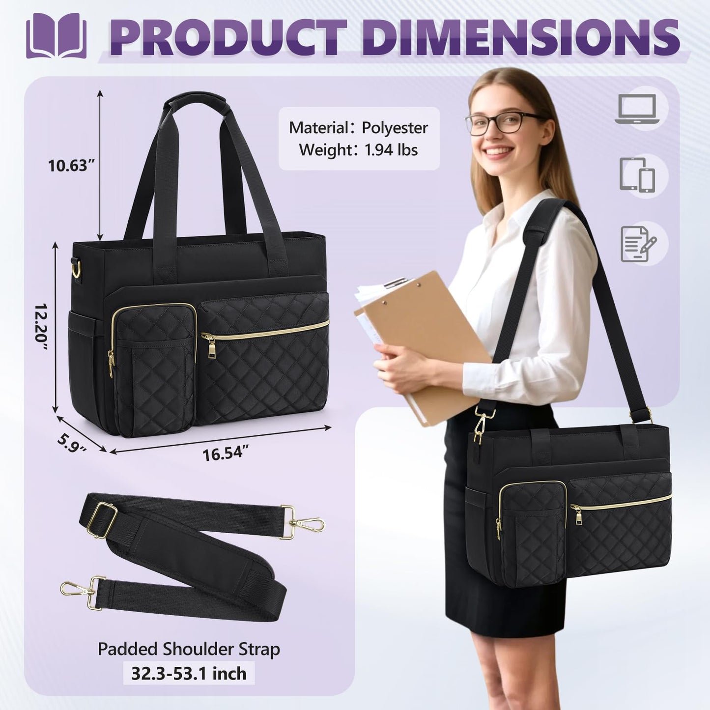 SDYSM Teacher Tote Bag 15.6 inch Laptop Bag Work Bags for Women Nurse Tote Professional Computer Messenger Shoulder Bags Laptop Briefcase for Office, College, Nursing, Black