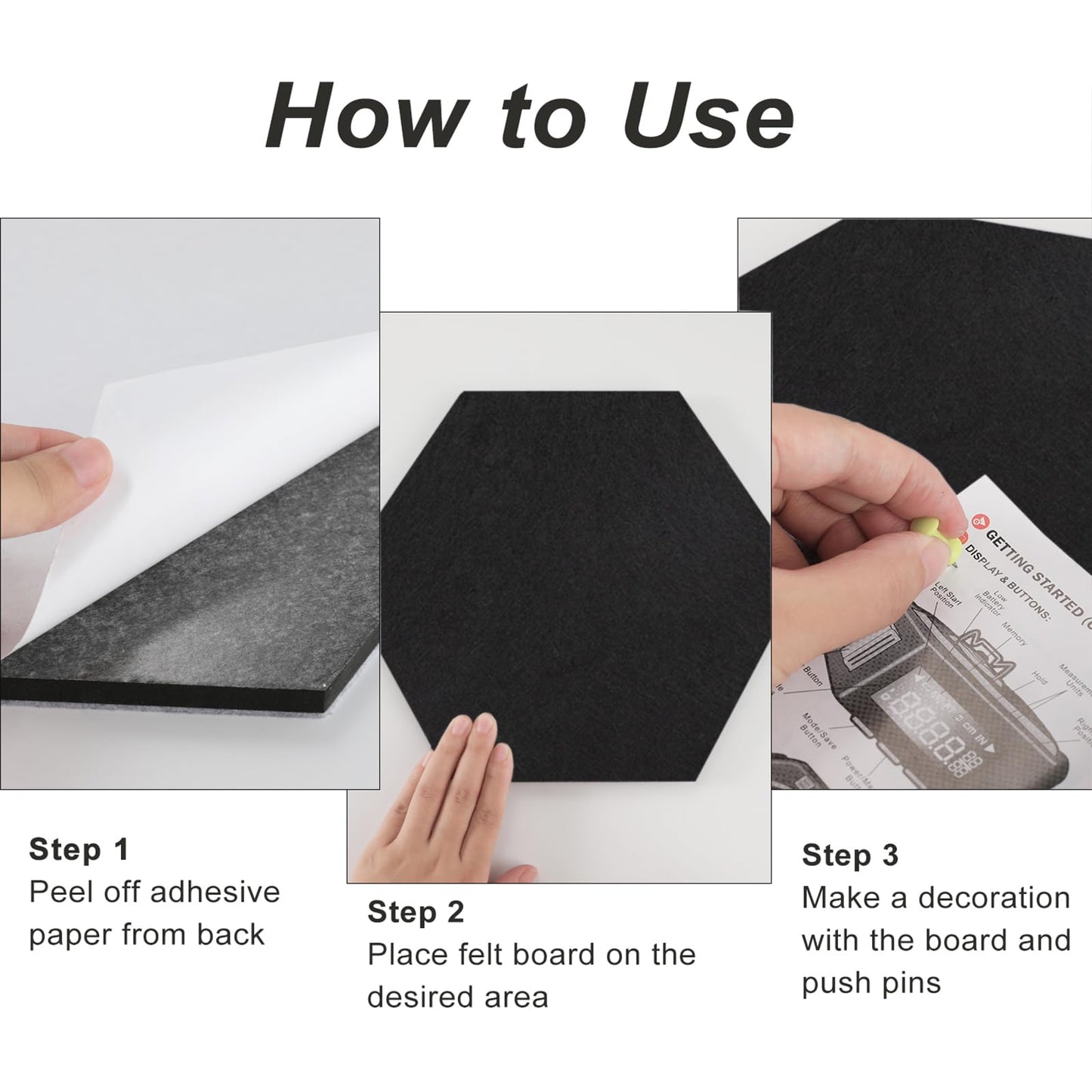 SEG Direct Hexagon Felt Cork Board Tiles, Hexagon Felt Bulletin Board Tiles Self Adhesive Picture Board, Memo Notice Tiles Pin Board for Walls Office, 11.8" x 10.2", 5PCS(Black)