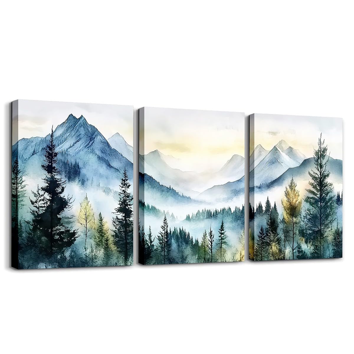 jejeloiu Smoky Mountain Canvas Wall Art for Living Room Bedroom 12"x16"x3pcs Sunrise Trees Picture Wall Decor for Bathroom Natural Scenery Art Office Decorations Artwork Posters Foggy Scenic Painting