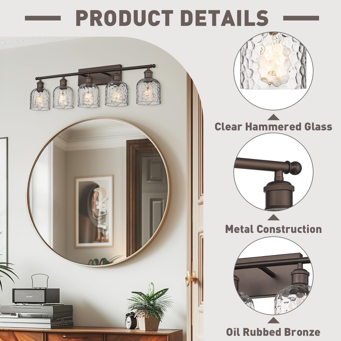 zeyu 35 Inch Farmhouse Bathroom Vanity Light Fixture, 5-Light, Oil Rubbed Bronze Finish, Clear Hammered Glass, Model ZJF63B-5W ORB
