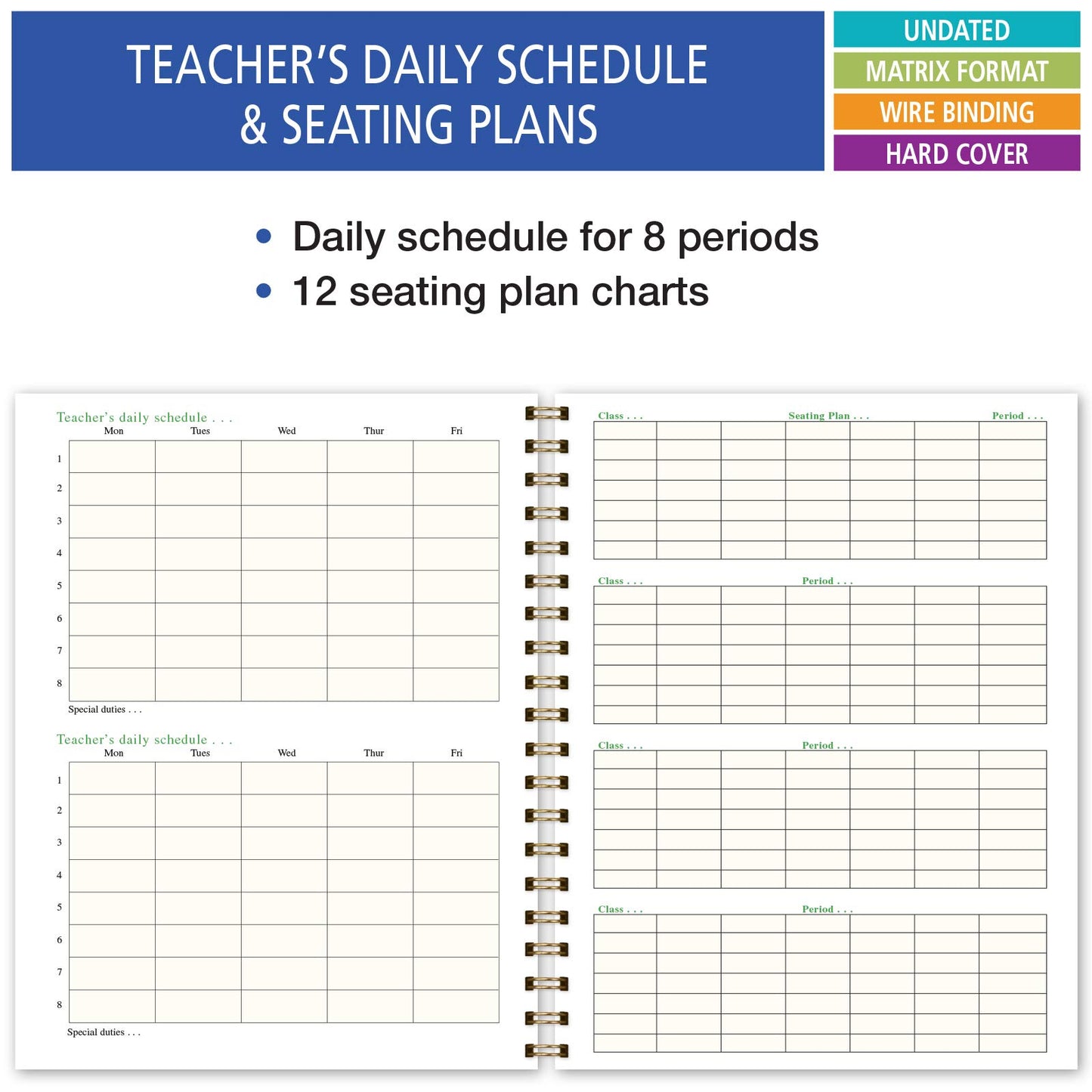 Elan Publishing Company HARDCOVER 6 Period Teacher Lesson Plan - Days Vertically Down The Side with Bonus Clip-in Bookmark (Pink Marble)
