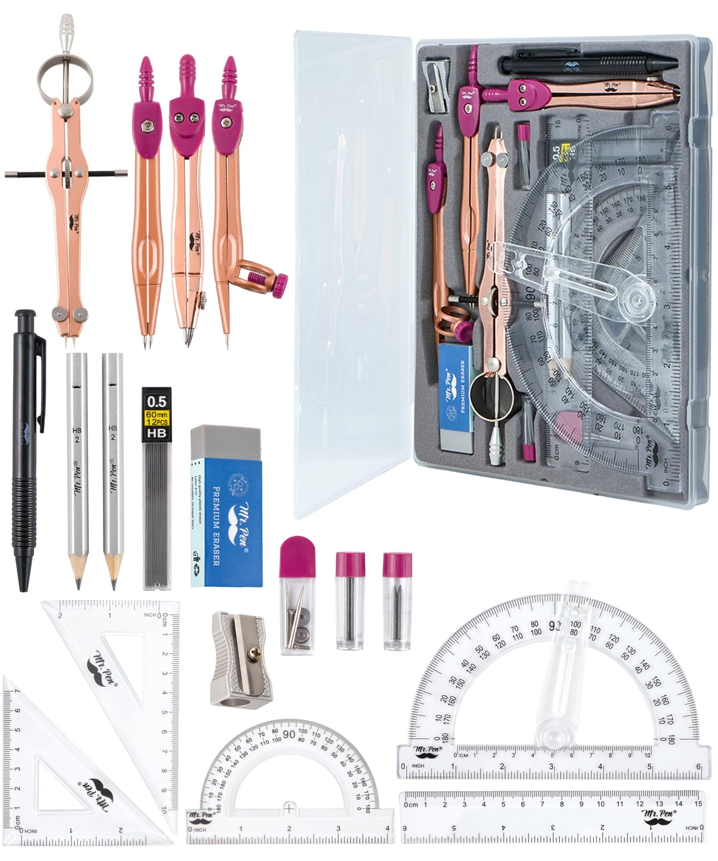 Mr. Pen- Geometry Set, 15 pcs, Rose Gold & Pink, 6 Inch Swing Arm Protractor, Divider, Set Squares, Ruler, Compasses and Protractor